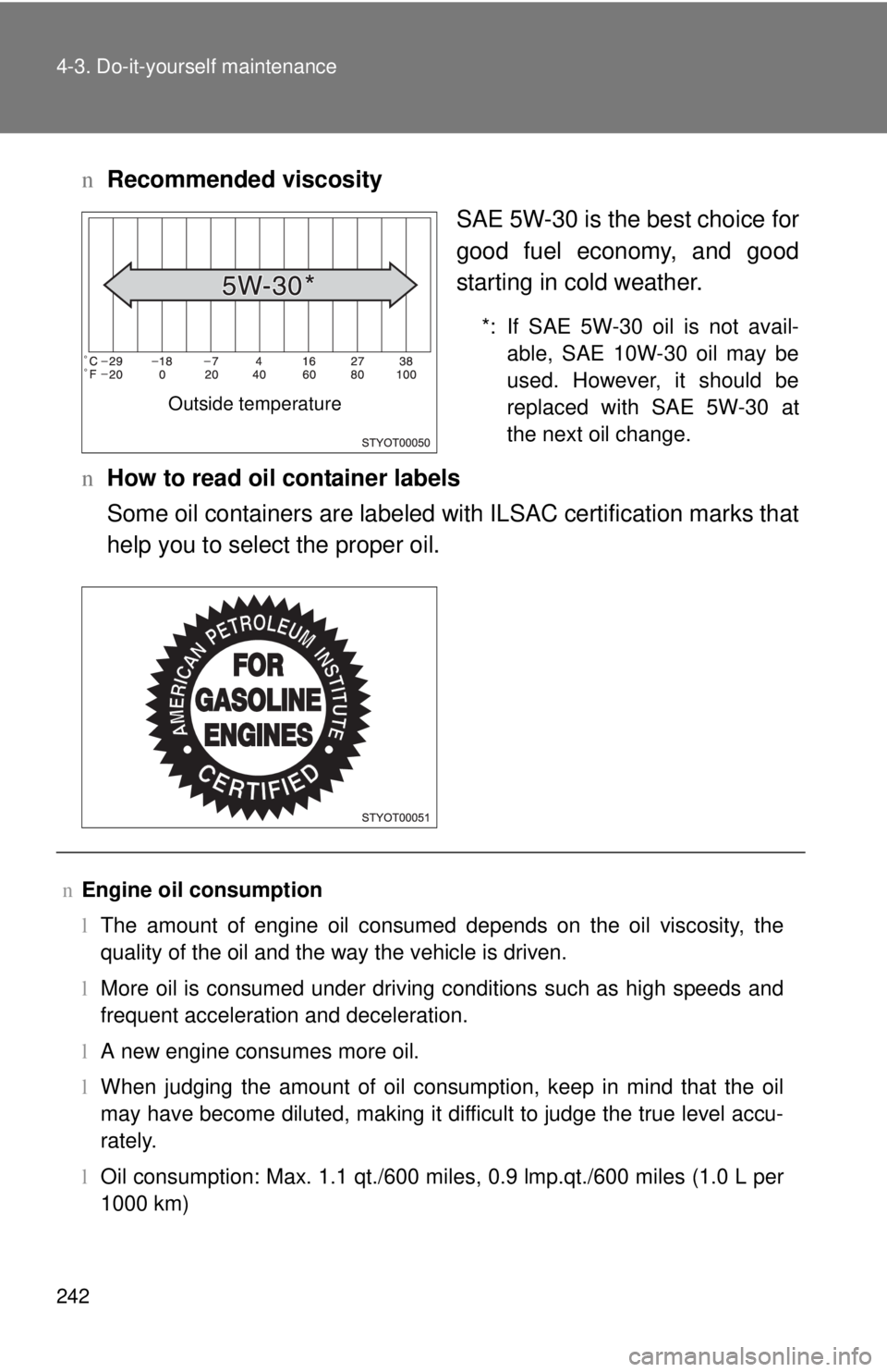 TOYOTA YARIS HATCHBACK 2008 Owners Manual 242 4-3. Do-it-yourself maintenance
nRecommended viscosity
SAE 5W-30 is the best choice for
good fuel economy, and good
starting in cold weather.
*: If SAE 5W-30 oil is not avail-able, SAE 10W-30 oil TOYOTA YARIS HATCHBACK 2008 Owners Manual 242 4-3. Do-it-yourself maintenance
nRecommended viscosity
SAE 5W-30 is the best choice for
good fuel economy, and good
starting in cold weather.
*: If SAE 5W-30 oil is not avail-able, SAE 10W-30 oil