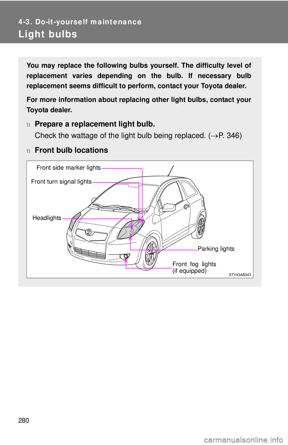 TOYOTA YARIS HATCHBACK 2008  Owners Manual 280
4-3. Do-it-yourself maintenance
Light bulbs
You may replace the following bulbs yourself. The difficulty level of
replacement varies depending on the bulb. If necessary bulb
replacement seems diff