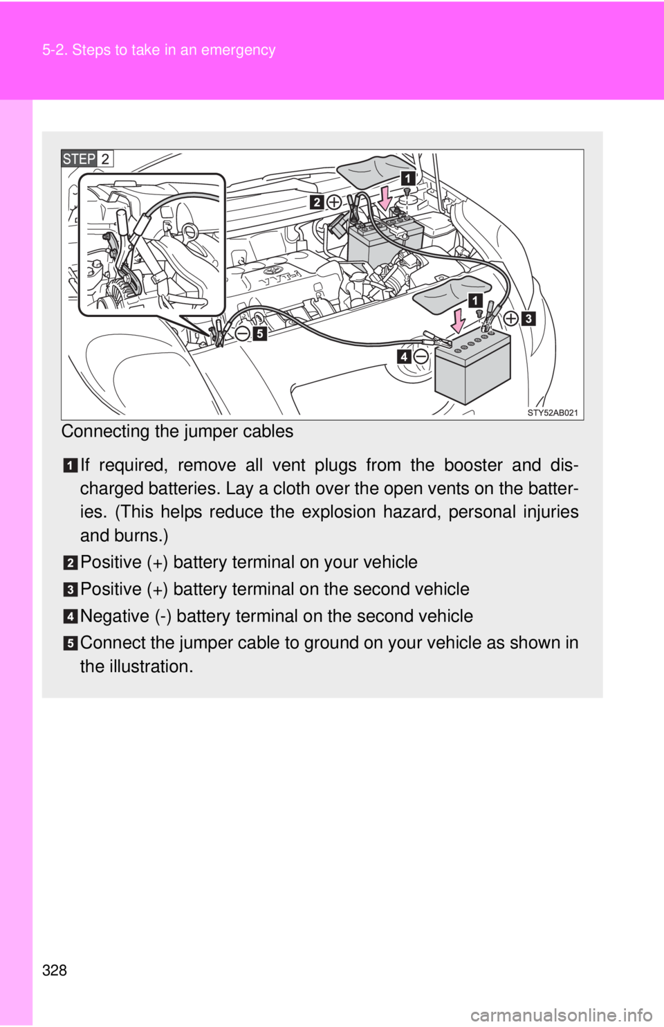 TOYOTA YARIS HATCHBACK 2008  Owners Manual 328 5-2. Steps to take in an emergency
Connecting the jumper cablesIf required, remove all vent  plugs from the booster and dis-
charged batteries. Lay a cloth ov er the open vents on the batter-
ies.