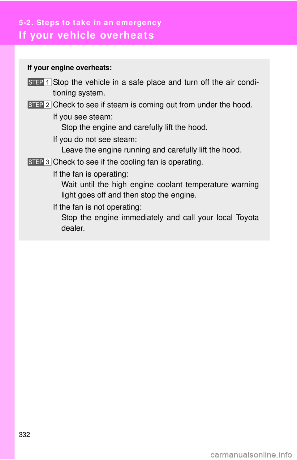 TOYOTA YARIS HATCHBACK 2008 Owners Guide 332
5-2. Steps to take in an emergency
If your vehicle overheats
If your engine overheats:
Stop the vehicle in a safe place and turn off the air condi-
tioning system.
Check to see if steam is coming TOYOTA YARIS HATCHBACK 2008 Owners Guide 332
5-2. Steps to take in an emergency
If your vehicle overheats
If your engine overheats:
Stop the vehicle in a safe place and turn off the air condi-
tioning system.
Check to see if steam is coming