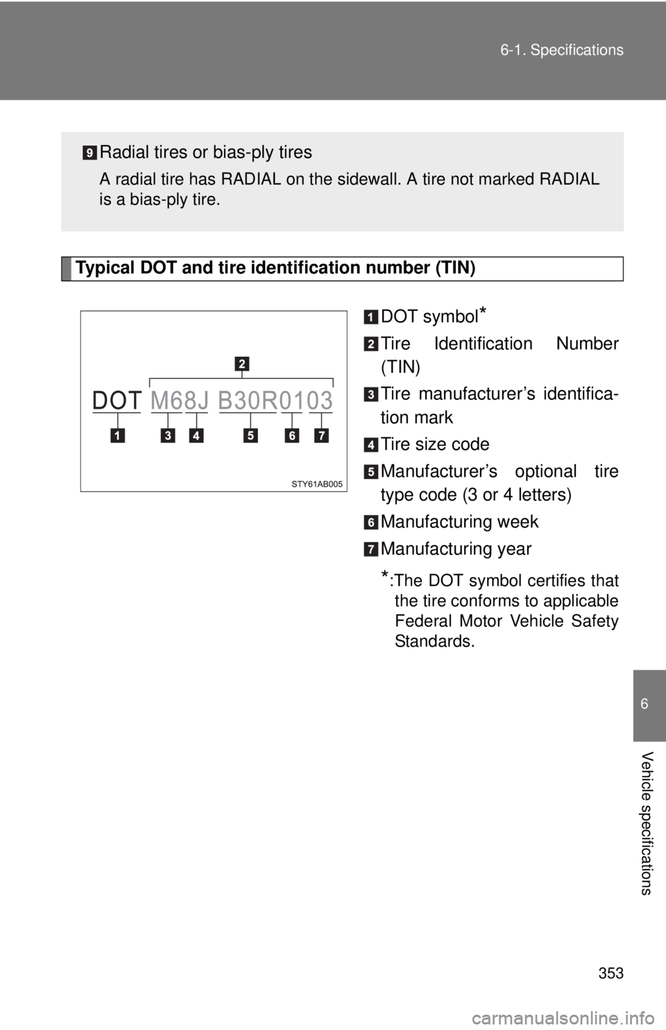 TOYOTA YARIS HATCHBACK 2008  Owners Manual 353
6-1. Specifications
6
Vehicle specifications
Typical DOT and tire identification number (TIN)
DOT symbol
*
Tire Identification Number
(TIN)
Tire manufacturer’s identifica-
tion mark
Tire size co