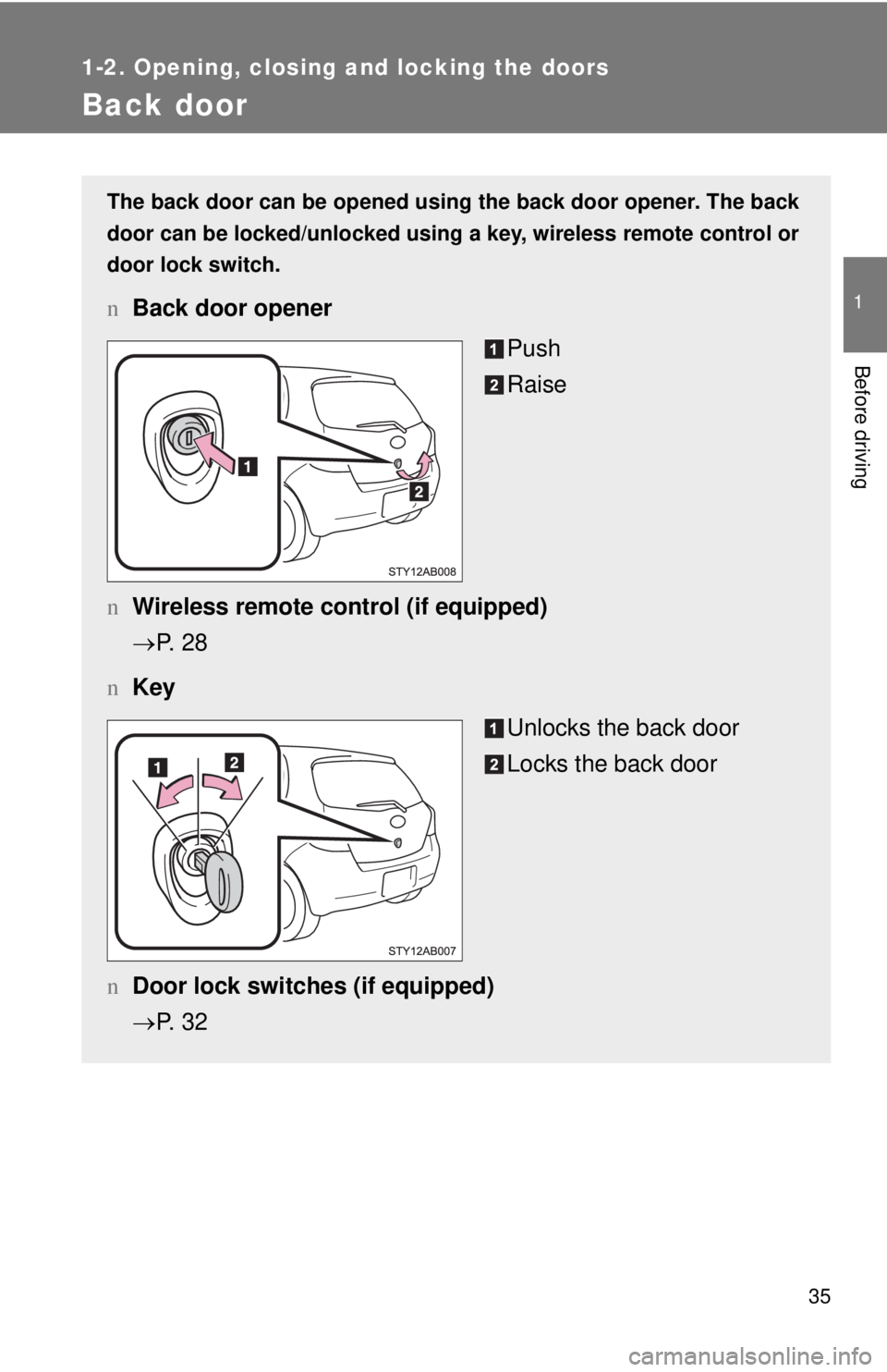 TOYOTA YARIS HATCHBACK 2008 User Guide 35
1
1-2. Opening, closing and locking the doors
Before driving
Back door
The back door can be opened using the back door opener. The back
door can be locked/unlocked using a key, wireless remote cont