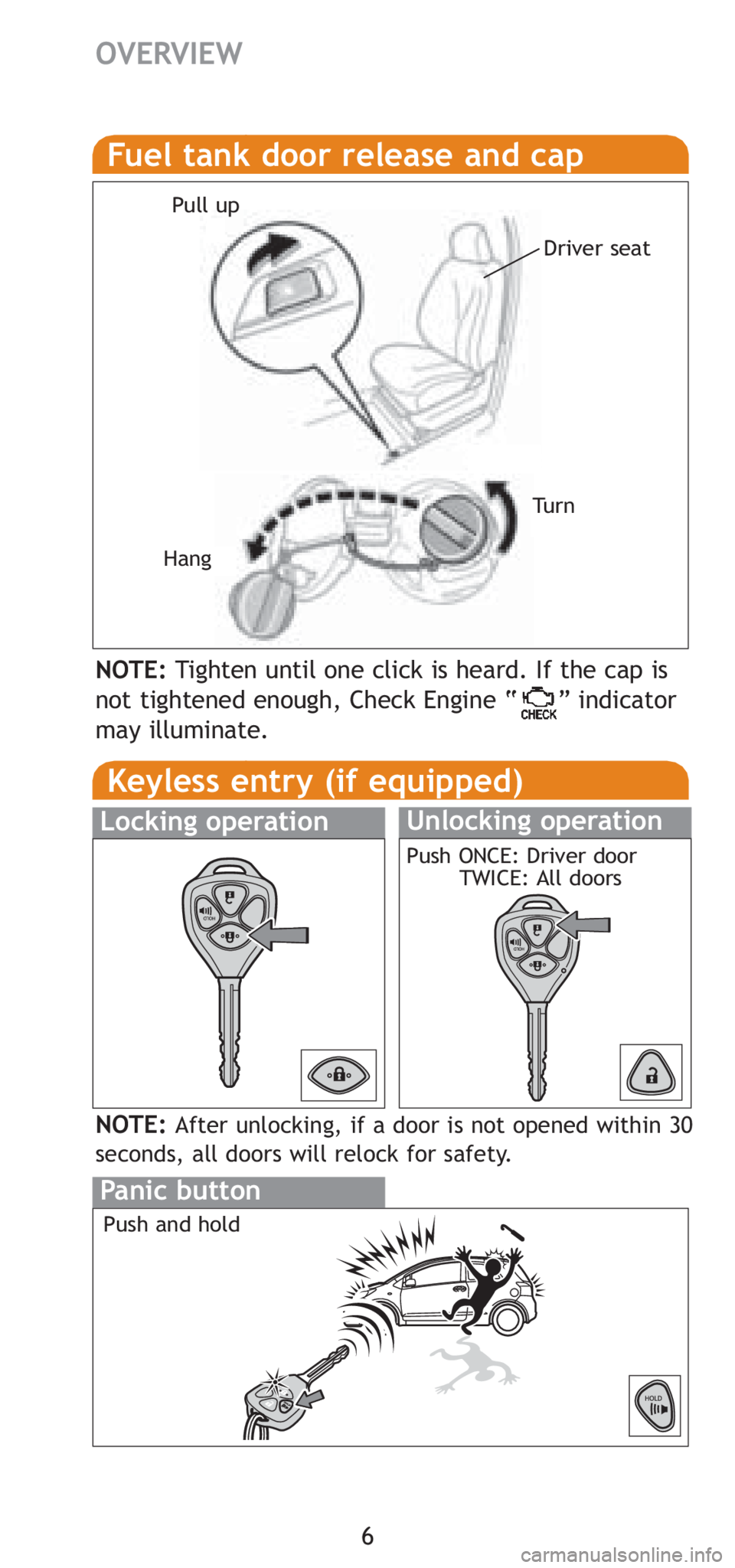 TOYOTA YARIS HATCHBACK 2008  Owners Manual 6
OVERVIEW
Fuel tank door release and cap
Pull up
Tu r n
Hang
NOTE:Tighten until one click is heard. If the cap is
not tightened enough, Check Engine “     ” indicator
may illuminate.
Keyless entr