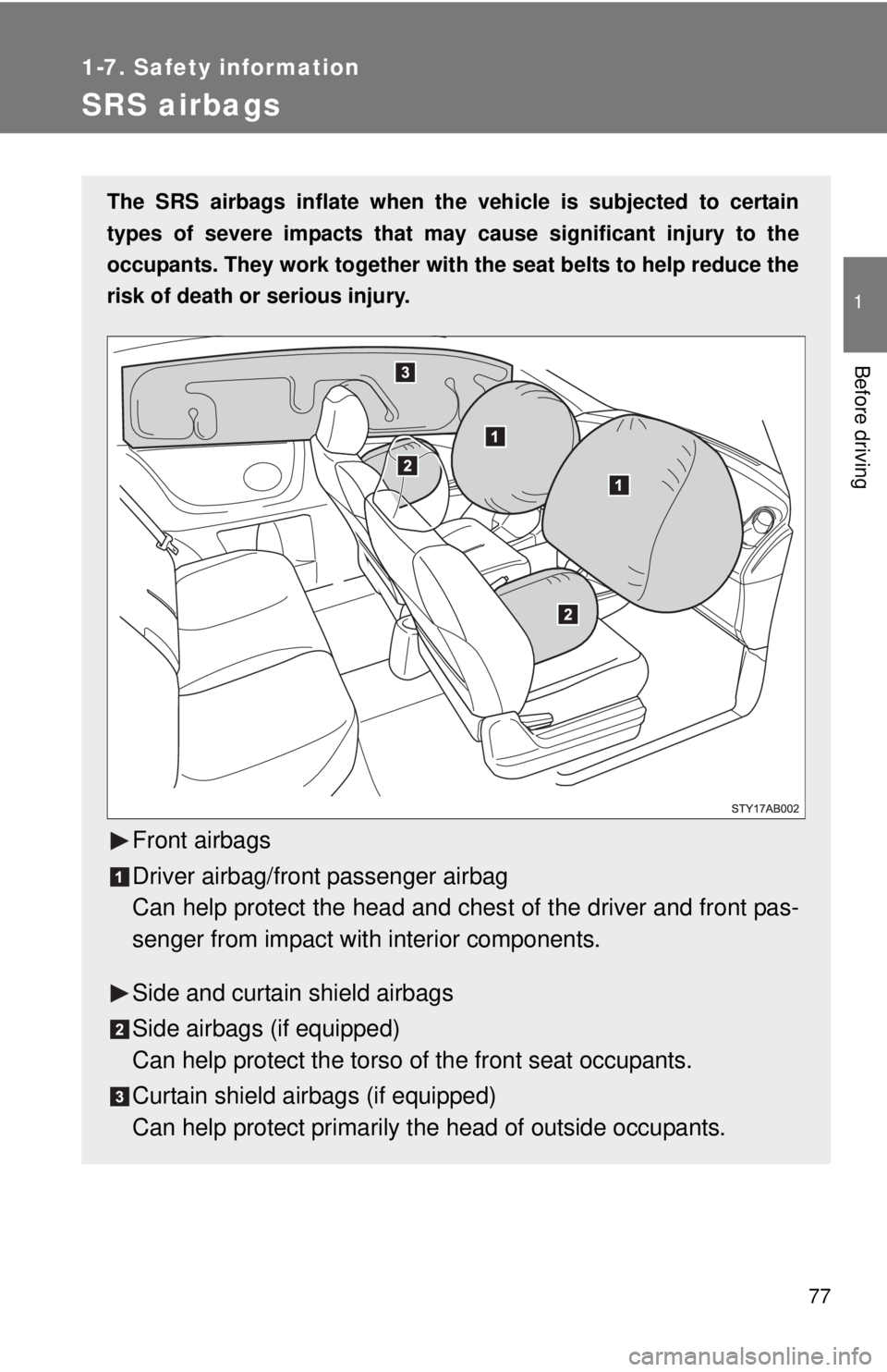 TOYOTA YARIS HATCHBACK 2008 Owners Manual 77
1
1-7. Safety information
Before driving
SRS airbags
The SRS airbags inflate when the vehicle is subjected to certain
types of severe impacts that may cause significant injury to the
occupants. Th TOYOTA YARIS HATCHBACK 2008 Owners Manual 77
1
1-7. Safety information
Before driving
SRS airbags
The SRS airbags inflate when the vehicle is subjected to certain
types of severe impacts that may cause significant injury to the
occupants. Th