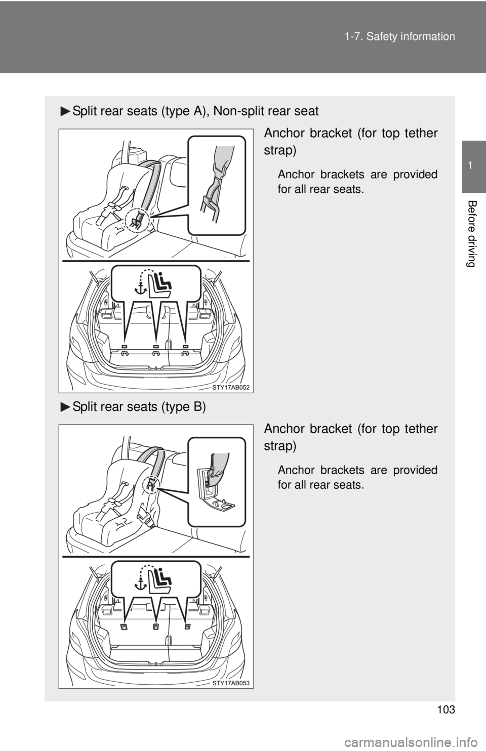 TOYOTA YARIS HATCHBACK 2009 Owners Manual 103
1-7. Safety information
1
Before driving
Split rear seats (type A), Non-split rear seat
Anchor bracket (for top tether
strap)
Anchor brackets are provided
for all rear seats.
Split rear seats (t TOYOTA YARIS HATCHBACK 2009 Owners Manual 103
1-7. Safety information
1
Before driving
Split rear seats (type A), Non-split rear seat
Anchor bracket (for top tether
strap)
Anchor brackets are provided
for all rear seats.
Split rear seats (t