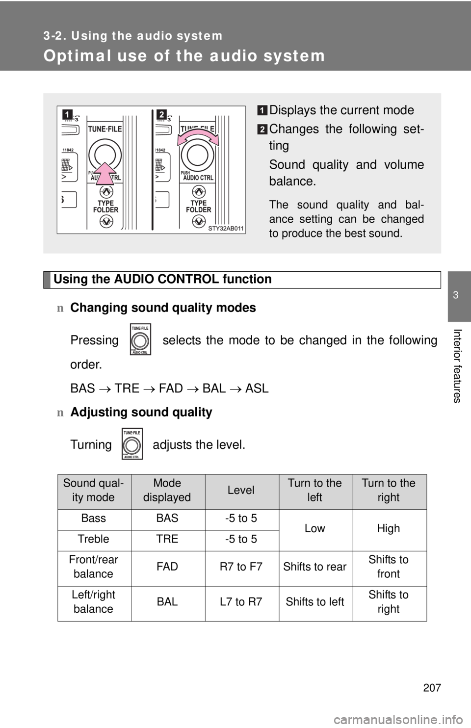 TOYOTA YARIS HATCHBACK 2009 User Guide 207
3-2. Using the audio system
3
Interior features
Optimal use of the audio system
Using the AUDIO CONTROL function
nChanging sound quality modes
Pressing selects the mode to be changed in the foll TOYOTA YARIS HATCHBACK 2009 User Guide 207
3-2. Using the audio system
3
Interior features
Optimal use of the audio system
Using the AUDIO CONTROL function
nChanging sound quality modes
Pressing selects the mode to be changed in the foll
