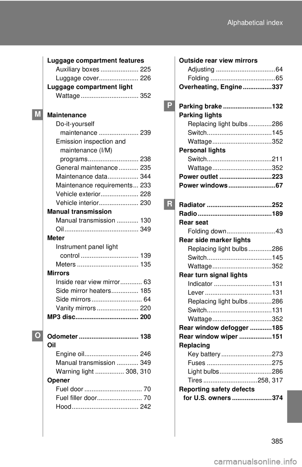 TOYOTA YARIS HATCHBACK 2009  Owners Manual 385
Alphabetical index
Luggage compartment features
Auxiliary boxes ..................... 225
Luggage cover...................... 226
Luggage compartment light Wattage ................................