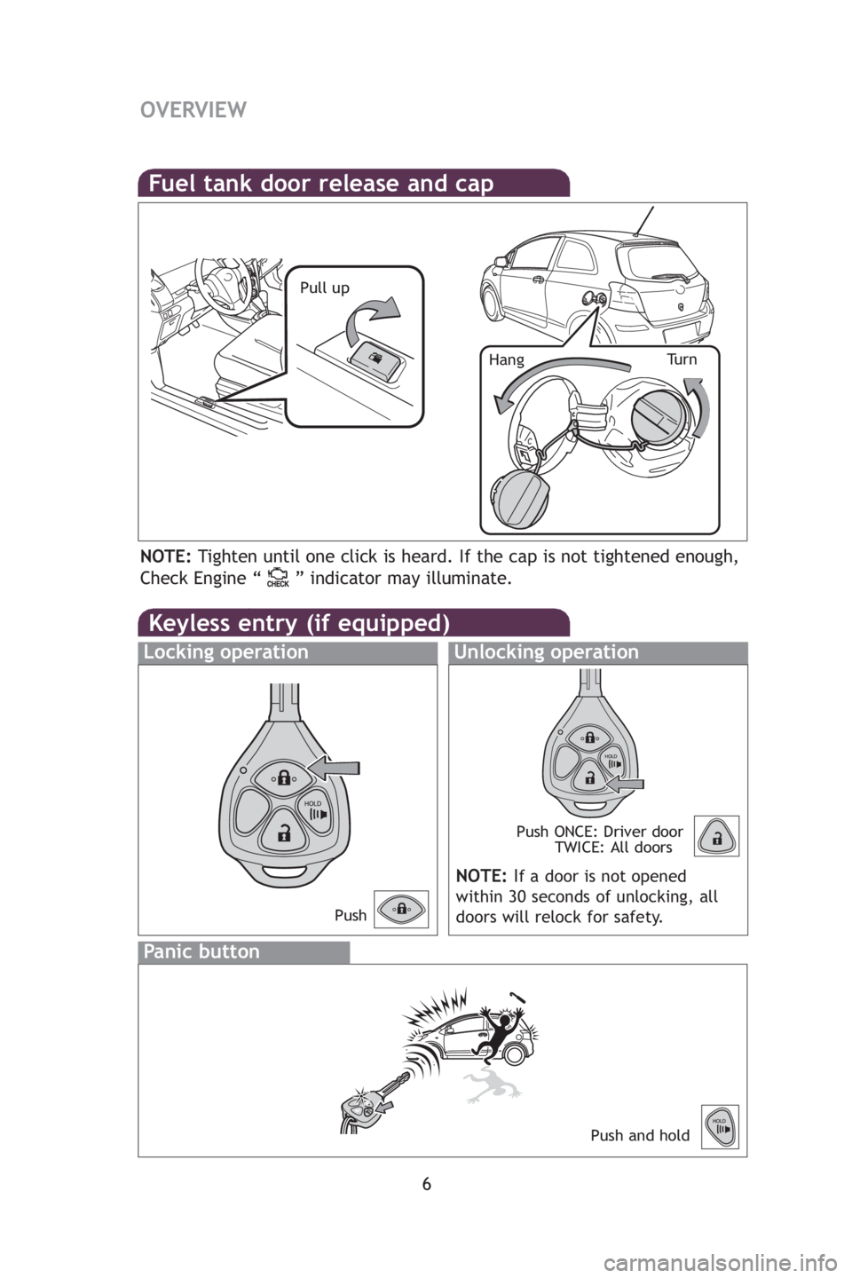 TOYOTA YARIS HATCHBACK 2009 Owners Manual 6
OVERVIEW
Fuel tank door release and cap
Pull up
Tu r n
Hang
NOTE: Tighten until one click is heard. If the cap is not tightened enough,
Check Engine “ ” indicator may illuminate.
Keyless entry ( TOYOTA YARIS HATCHBACK 2009 Owners Manual 6
OVERVIEW
Fuel tank door release and cap
Pull up
Tu r n
Hang
NOTE: Tighten until one click is heard. If the cap is not tightened enough,
Check Engine “ ” indicator may illuminate.
Keyless entry (