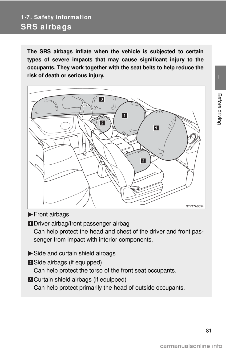 TOYOTA YARIS HATCHBACK 2009 Owners Manual 81
1
1-7. Safety information
Before driving
SRS airbags
The SRS airbags inflate when the vehicle is subjected to certain
types of severe impacts that may cause significant injury to the
occupants. TOYOTA YARIS HATCHBACK 2009 Owners Manual 81
1
1-7. Safety information
Before driving
SRS airbags
The SRS airbags inflate when the vehicle is subjected to certain
types of severe impacts that may cause significant injury to the
occupants.
