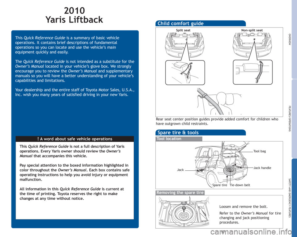 TOYOTA YARIS HATCHBACK 2010 Owners Manual 2010
Yaris Liftback
!A word about safe vehicle operations
This
Quick Reference Guide is a summary of basic vehicle
operations. It contains brief descriptions of fundamental
operations so you can locat TOYOTA YARIS HATCHBACK 2010 Owners Manual 2010
Yaris Liftback
!A word about safe vehicle operations
This
Quick Reference Guide is a summary of basic vehicle
operations. It contains brief descriptions of fundamental
operations so you can locat