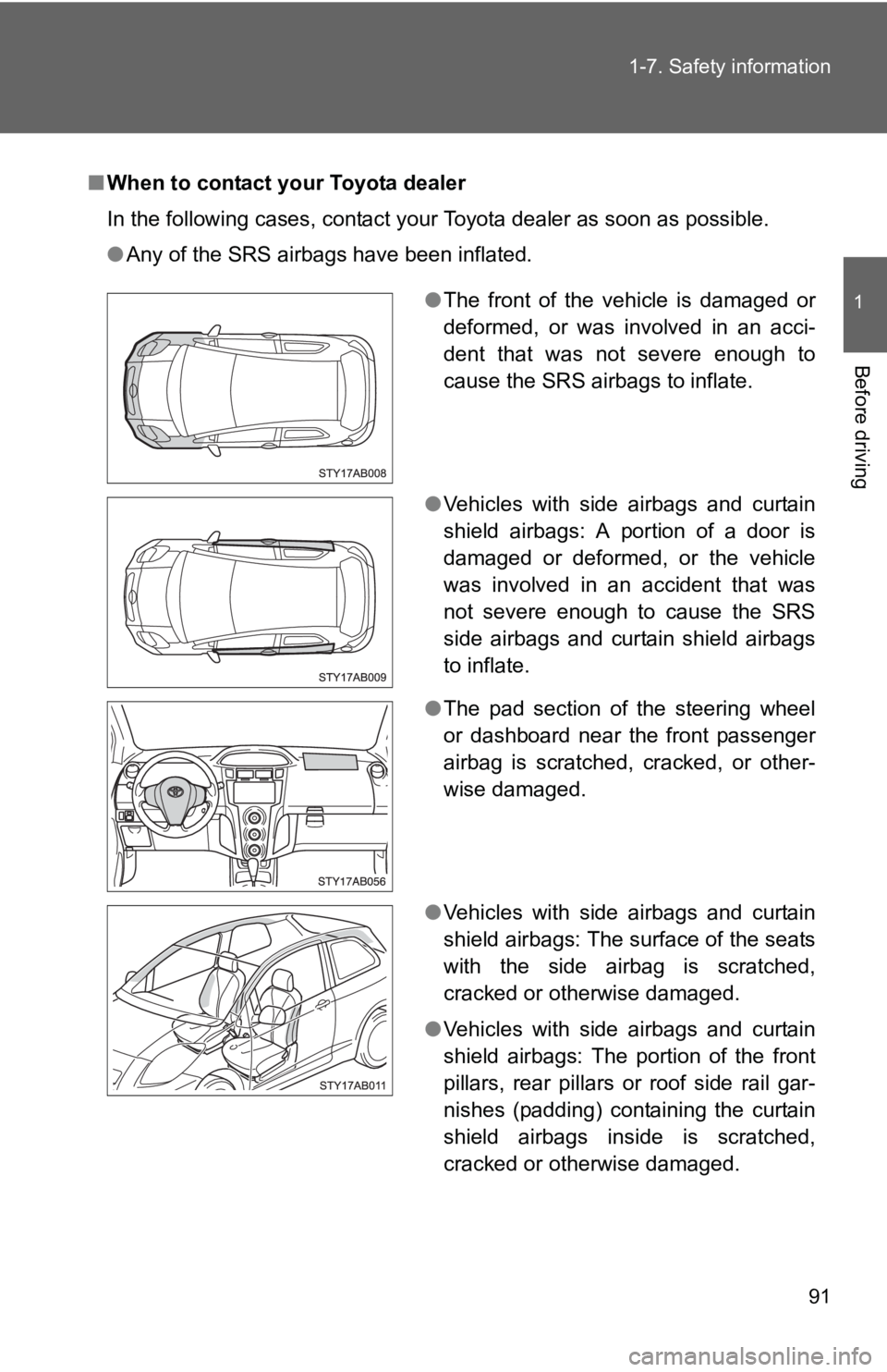 TOYOTA YARIS HATCHBACK 2010 Owners Manual 91
1-7. Safety information
1
Before driving
■
When to contact your Toyota dealer
In the following cases, contact your Toyota dealer as soon as possible.
●Any of the SRS airbags have been inflated. TOYOTA YARIS HATCHBACK 2010 Owners Manual 91
1-7. Safety information
1
Before driving
■
When to contact your Toyota dealer
In the following cases, contact your Toyota dealer as soon as possible.
●Any of the SRS airbags have been inflated.