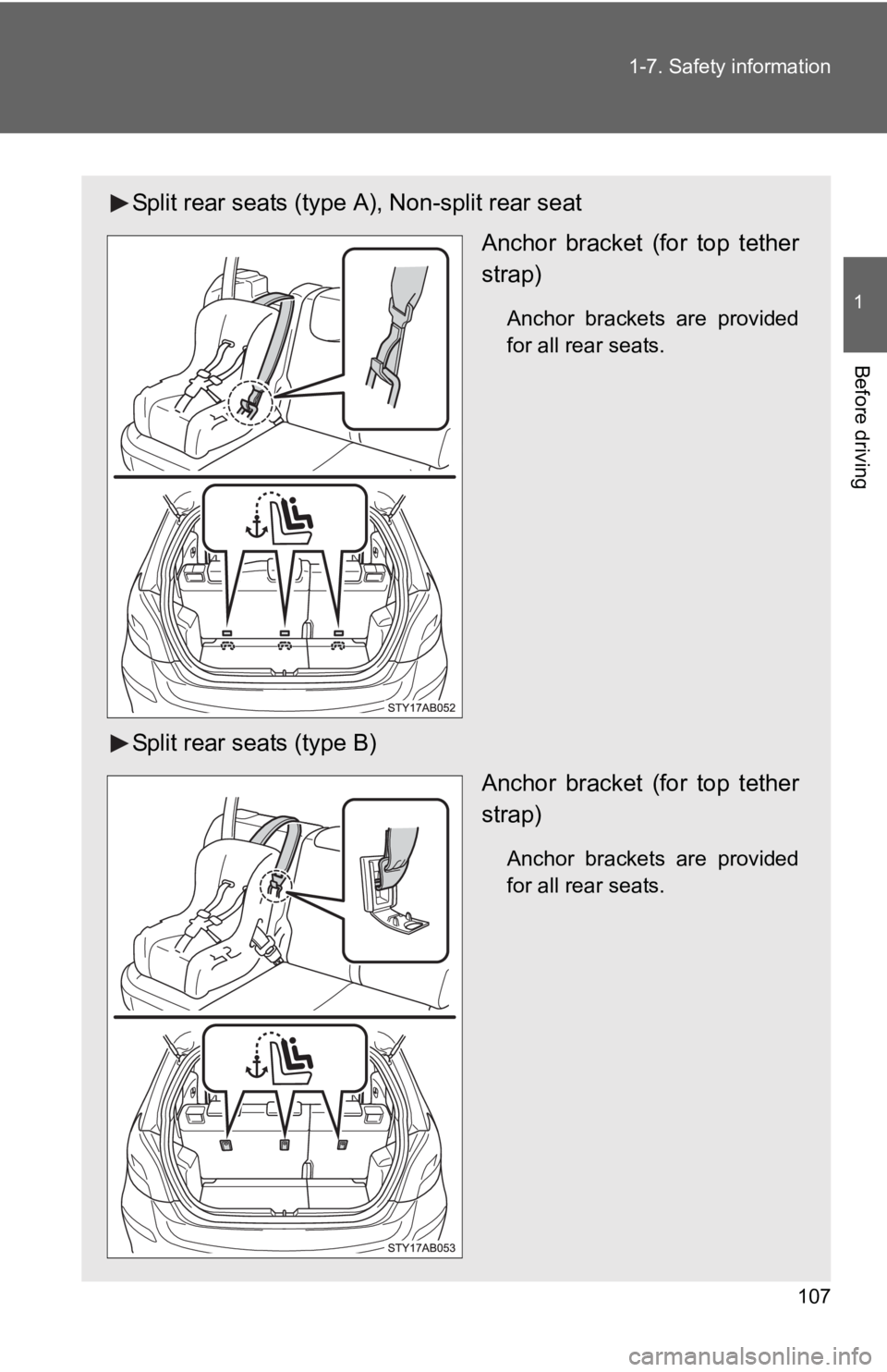 TOYOTA YARIS HATCHBACK 2010 Owners Manual 107
1-7. Safety information
1
Before driving
Split rear seats (type A), Non-split rear seat
Anchor bracket (for top tether
strap)
Anchor brackets are provided
for all rear seats.
Split rear seats (typ TOYOTA YARIS HATCHBACK 2010 Owners Manual 107
1-7. Safety information
1
Before driving
Split rear seats (type A), Non-split rear seat
Anchor bracket (for top tether
strap)
Anchor brackets are provided
for all rear seats.
Split rear seats (typ