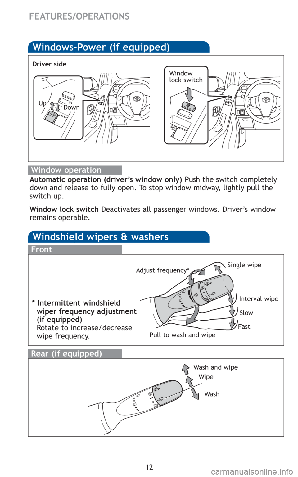 TOYOTA YARIS HATCHBACK 2010 User Guide 12
FEATURES/OPERATIONS
Windows-Power (if equipped)
Window operation
Automatic operation (driver’s window only)Push the switch completely
down and release to fully open. To stop window midway, lightl TOYOTA YARIS HATCHBACK 2010 User Guide 12
FEATURES/OPERATIONS
Windows-Power (if equipped)
Window operation
Automatic operation (driver’s window only)Push the switch completely
down and release to fully open. To stop window midway, lightl