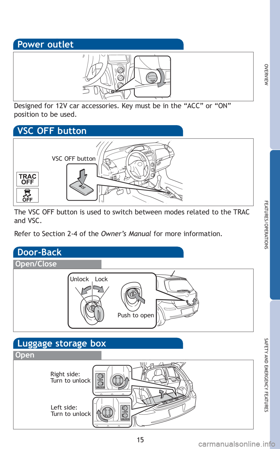 TOYOTA YARIS HATCHBACK 2010 Owners Manual 15
OVERVIEW
FEATURES/OPERATIONS
SAFETY AND EMERGENCY FEATURES
Luggage storage box
Open
Right side:
Turn to unlockLeft side:
Turn to unlock
Power outlet
Designed for 12V car accessories. Key must be in TOYOTA YARIS HATCHBACK 2010 Owners Manual 15
OVERVIEW
FEATURES/OPERATIONS
SAFETY AND EMERGENCY FEATURES
Luggage storage box
Open
Right side:
Turn to unlockLeft side:
Turn to unlock
Power outlet
Designed for 12V car accessories. Key must be in