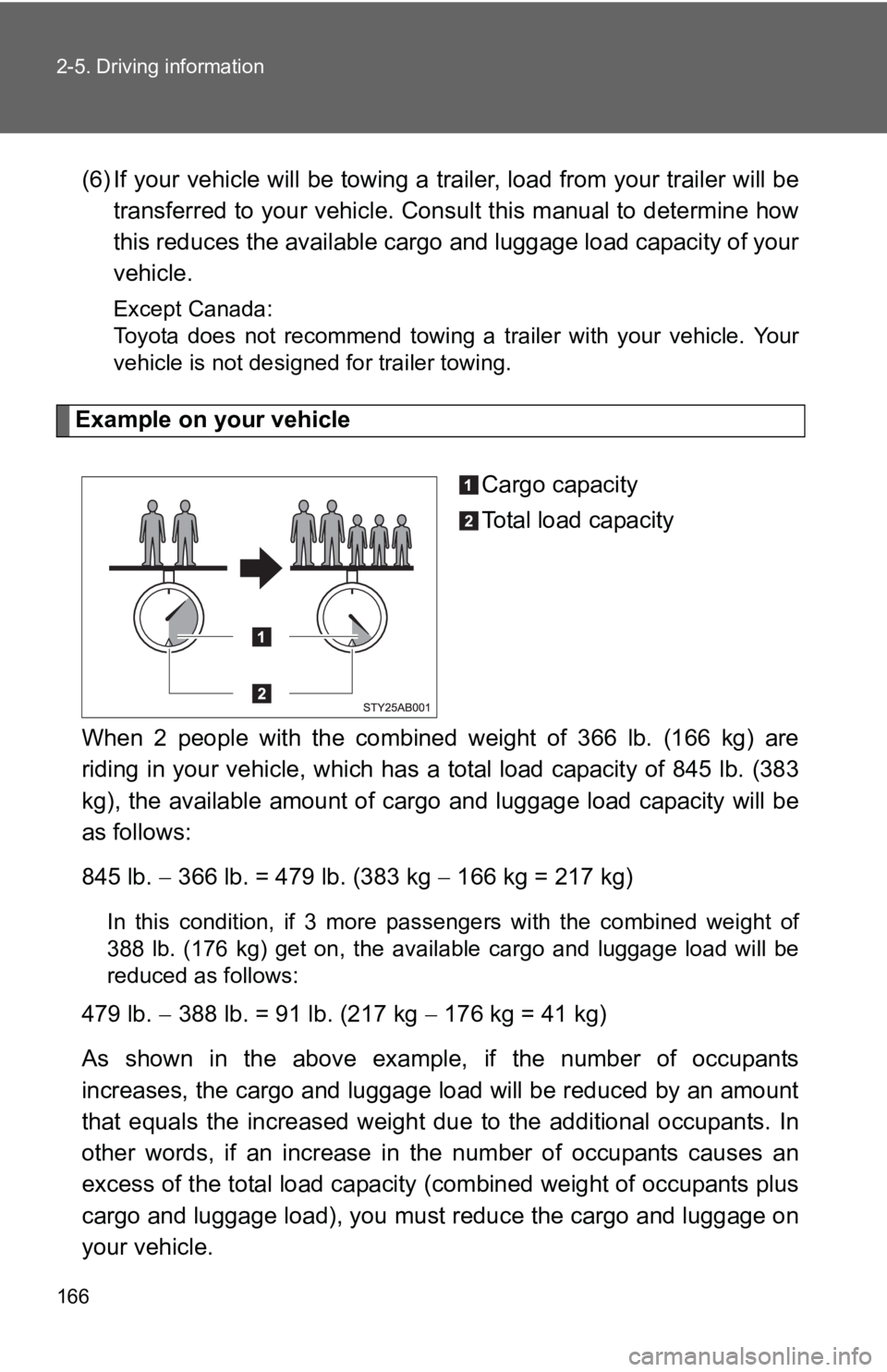 TOYOTA YARIS HATCHBACK 2010  Owners Manual 166 2-5. Driving information
(6) If your vehicle will be towing a trailer, load from your trailer will be
transferred to your vehicle. Consult this manual to determine how
this reduces the available c