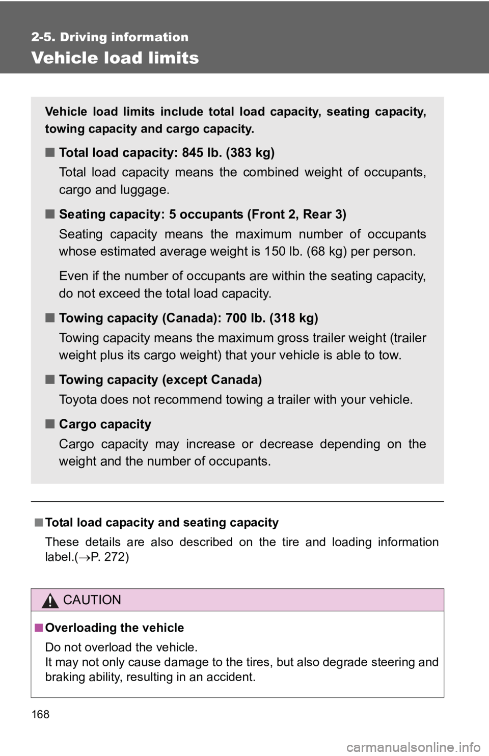 TOYOTA YARIS HATCHBACK 2010  Owners Manual 168
2-5. Driving information
Vehicle load limits
■Total load capacity and seating capacity
These details are also described on the tire and loading information
label.(→P. 272)
CAUTION
■Overloadi