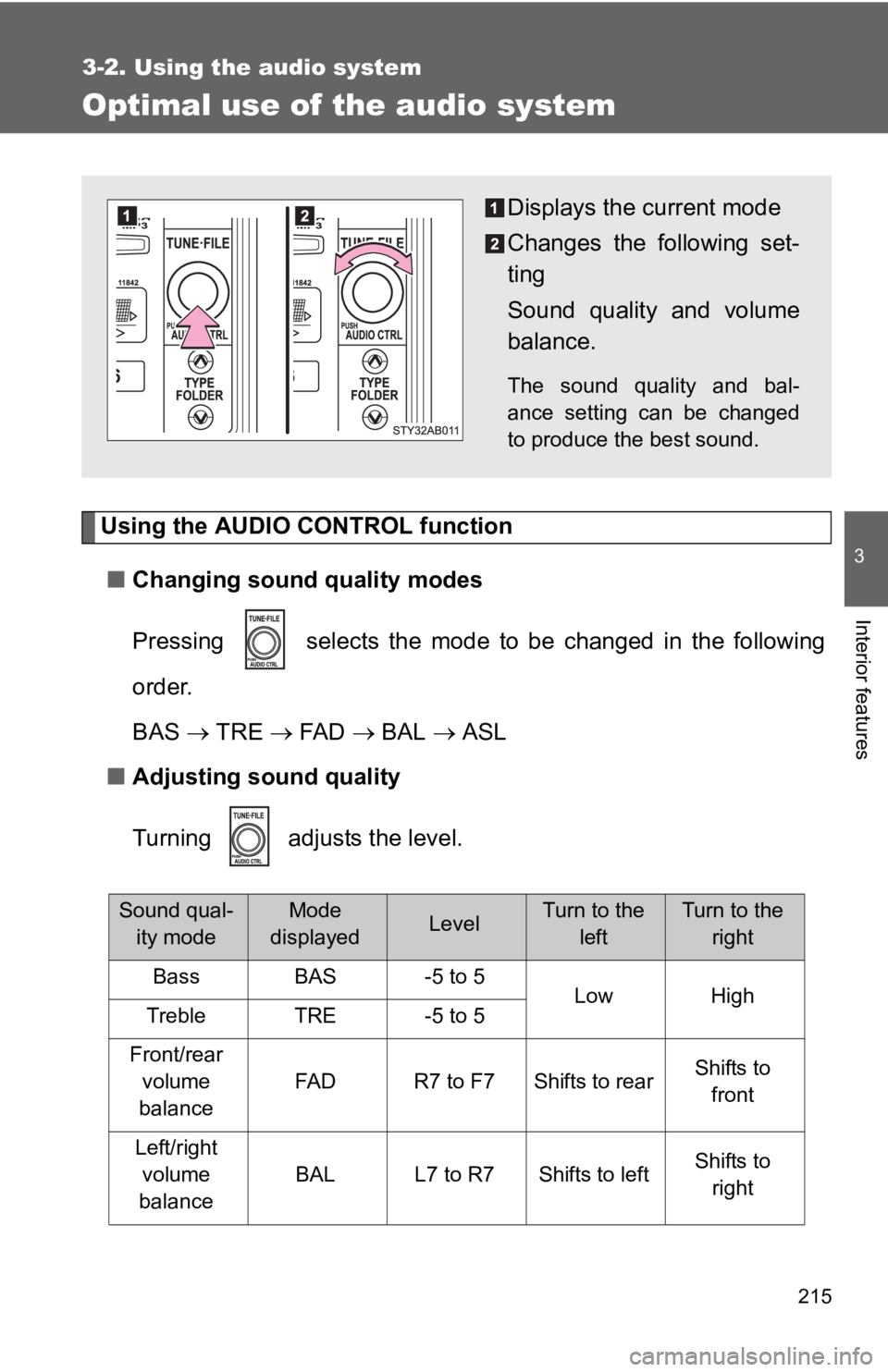 TOYOTA YARIS HATCHBACK 2010 User Guide 215
3-2. Using the audio system
3
Interior features
Optimal use of the audio system
Using the AUDIO CONTROL function■ Changing sound quality modes
Pressing selects the mode to be changed in the fo TOYOTA YARIS HATCHBACK 2010 User Guide 215
3-2. Using the audio system
3
Interior features
Optimal use of the audio system
Using the AUDIO CONTROL function■ Changing sound quality modes
Pressing selects the mode to be changed in the fo