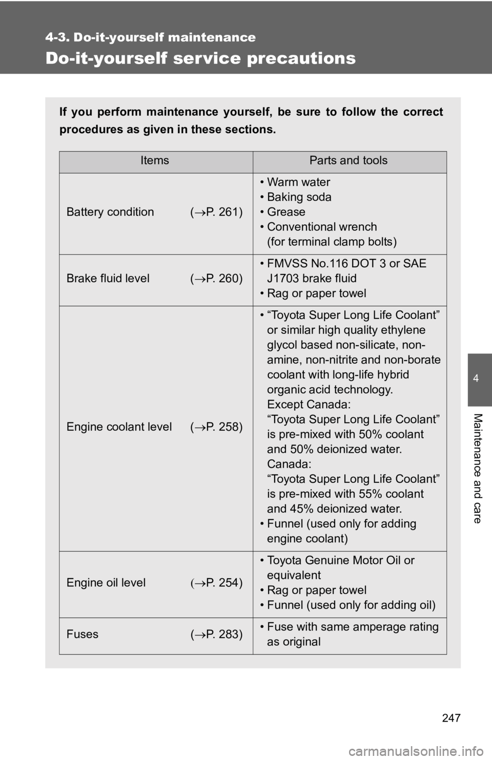 TOYOTA YARIS HATCHBACK 2010  Owners Manual 247
4
Maintenance and care
4-3. Do-it-yourself maintenance
Do-it-yourself ser vice precautions
If you perform maintenance yourself, be sure to follow the correct
procedures as given in these sections.