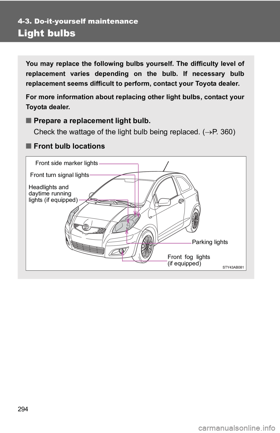TOYOTA YARIS HATCHBACK 2010  Owners Manual 294
4-3. Do-it-yourself maintenance
Light bulbs
You may replace the following bulbs yourself. The difficulty level of
replacement varies depending on the bulb. If necessary bulb
replacement seems diff