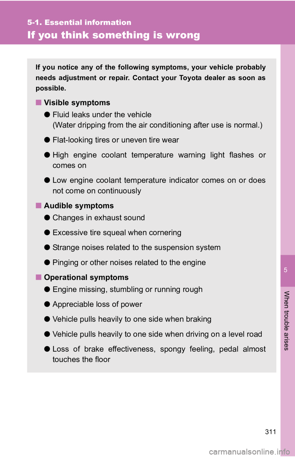 TOYOTA YARIS HATCHBACK 2010 User Guide 5
When trouble arises
311
5-1. Essential information
If you think something is wrong
If you notice any of the following symptoms, your vehicle probably
needs adjustment or repair. Contact your Toyota 