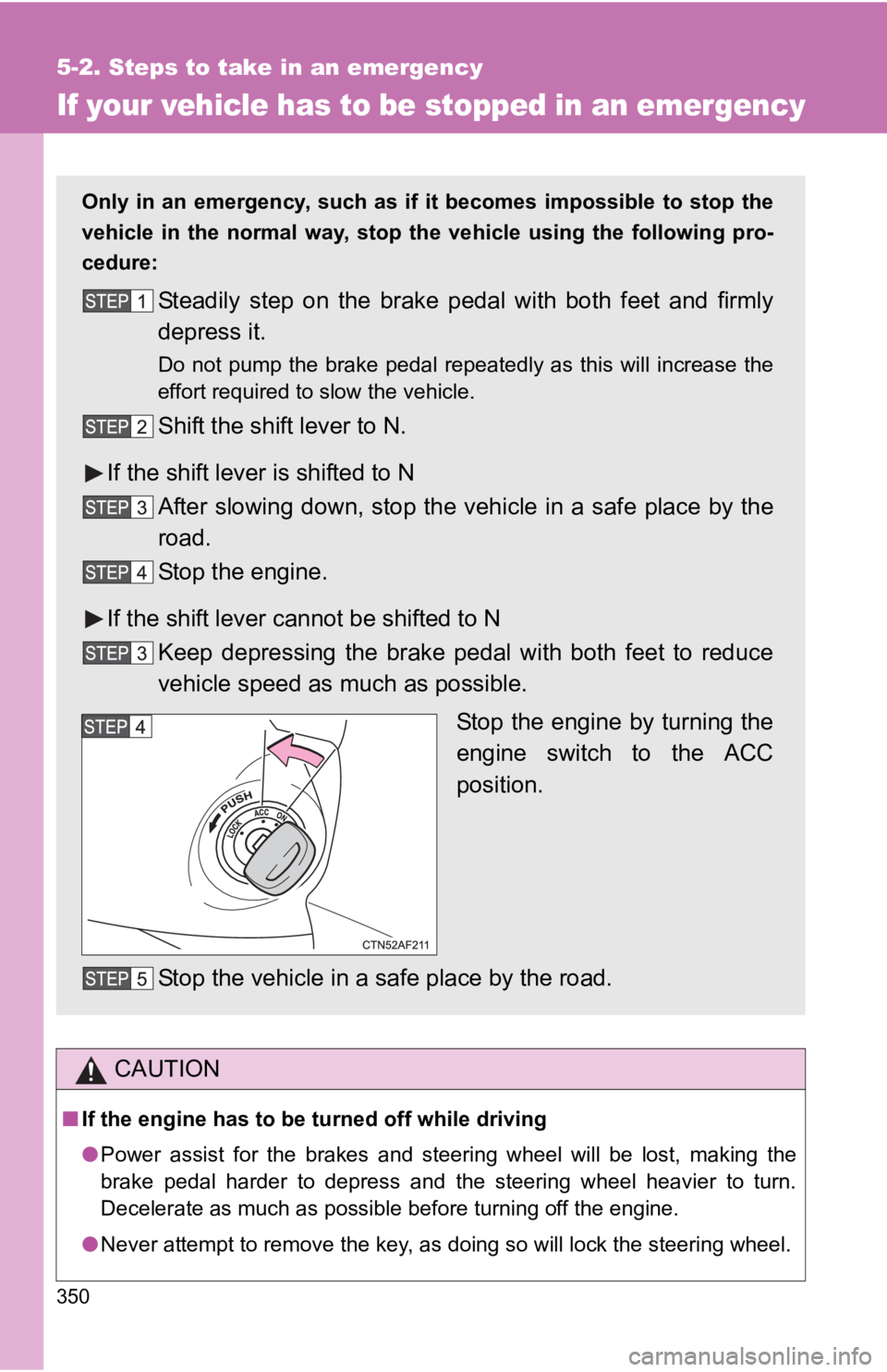 TOYOTA YARIS HATCHBACK 2010 Owners Guide 350
5-2. Steps to take in an emergency
If your vehicle has to be stopped in an emergency
CAUTION
■If the engine has to be turned off while driving
●Power assist for the brakes and steering wheel w TOYOTA YARIS HATCHBACK 2010 Owners Guide 350
5-2. Steps to take in an emergency
If your vehicle has to be stopped in an emergency
CAUTION
■If the engine has to be turned off while driving
●Power assist for the brakes and steering wheel w