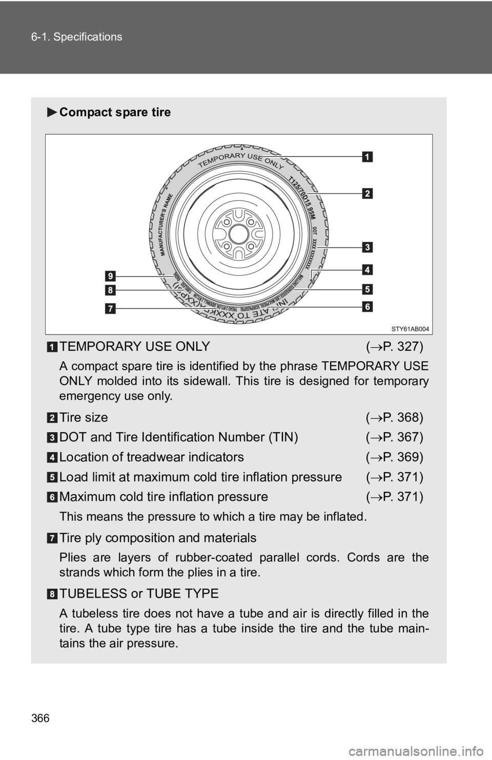 TOYOTA YARIS HATCHBACK 2010 Owners Manual 366 6-1. Specifications
Compact spare tire
TEMPORARY USE ONLY(→ P. 327)
A compact spare tire is identified by the phrase TEMPORARY USE
ONLY molded into its sidewall. Th is tire is designed for tempo TOYOTA YARIS HATCHBACK 2010 Owners Manual 366 6-1. Specifications
Compact spare tire
TEMPORARY USE ONLY(→ P. 327)
A compact spare tire is identified by the phrase TEMPORARY USE
ONLY molded into its sidewall. Th is tire is designed for tempo