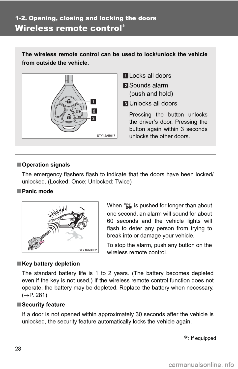 TOYOTA YARIS HATCHBACK 2010 Owners Manual 28
1-2. Opening, closing and locking the doors
Wireless remote control∗
∗: If equipped
■Operation signals
The emergency flashers flash to indicate that the doors have been locked/
unlocked. (Loc TOYOTA YARIS HATCHBACK 2010 Owners Manual 28
1-2. Opening, closing and locking the doors
Wireless remote control∗
∗: If equipped
■Operation signals
The emergency flashers flash to indicate that the doors have been locked/
unlocked. (Loc