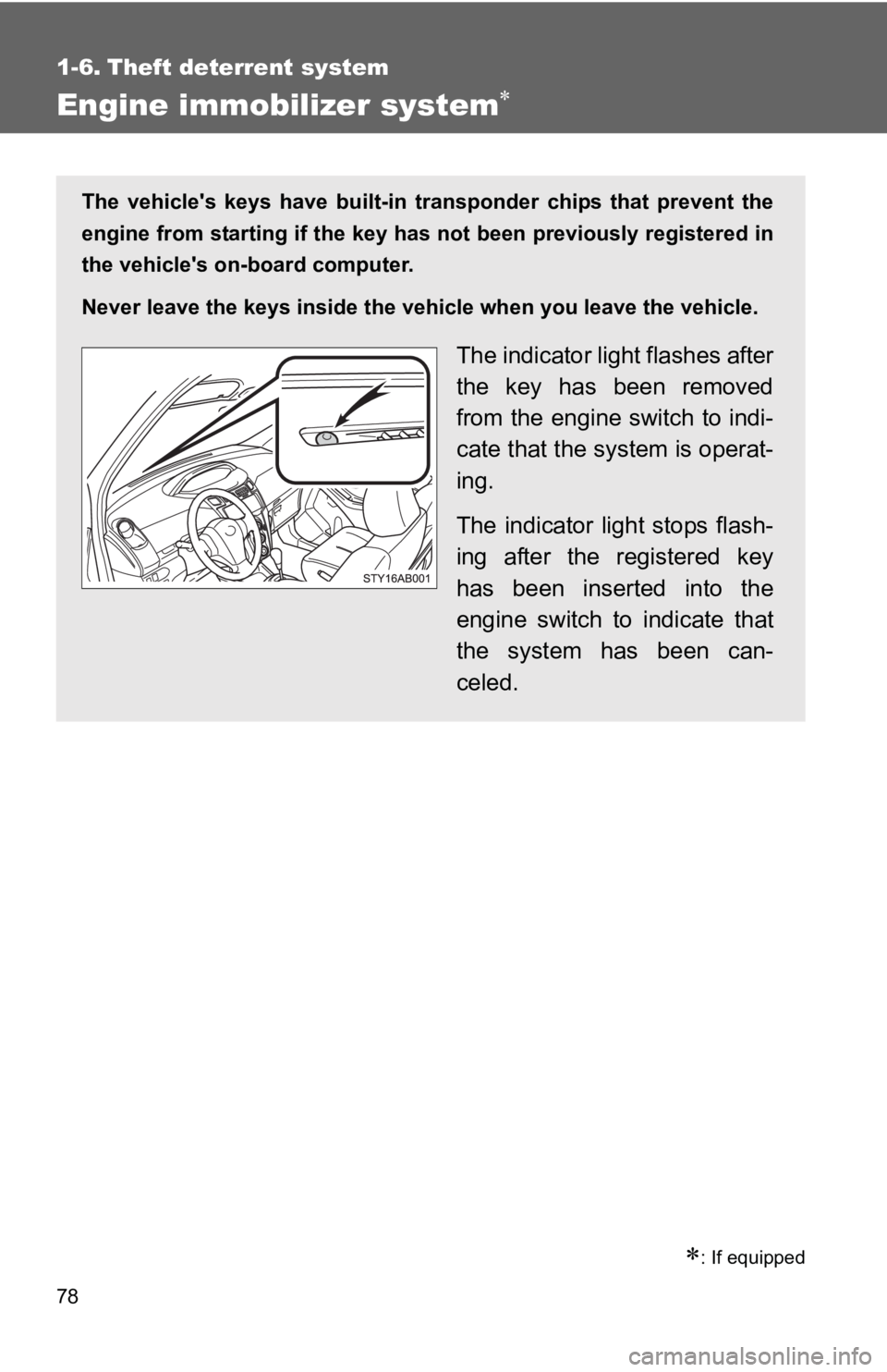 TOYOTA YARIS HATCHBACK 2010 Owners Manual 78
1-6. Theft deterrent system
Engine immobilizer system∗
∗: If equipped
The vehicles keys have built-in transponder chips that prevent the
engine from starting if the key has not been previousl TOYOTA YARIS HATCHBACK 2010 Owners Manual 78
1-6. Theft deterrent system
Engine immobilizer system∗
∗: If equipped
The vehicles keys have built-in transponder chips that prevent the
engine from starting if the key has not been previousl