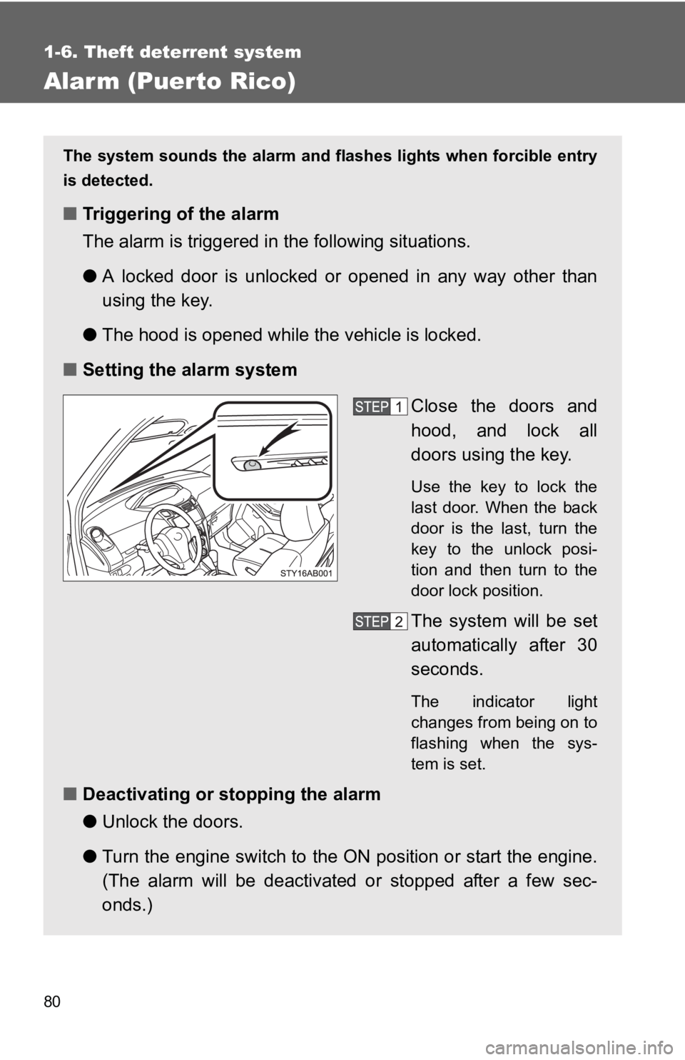 TOYOTA YARIS HATCHBACK 2010 Owners Manual 80
1-6. Theft deterrent system
Alarm (Puerto Rico)
The system sounds the alarm and flashes lights when forcible entry
is detected.
■ Triggering of the alarm
The alarm is triggered in the following s TOYOTA YARIS HATCHBACK 2010 Owners Manual 80
1-6. Theft deterrent system
Alarm (Puerto Rico)
The system sounds the alarm and flashes lights when forcible entry
is detected.
■ Triggering of the alarm
The alarm is triggered in the following s