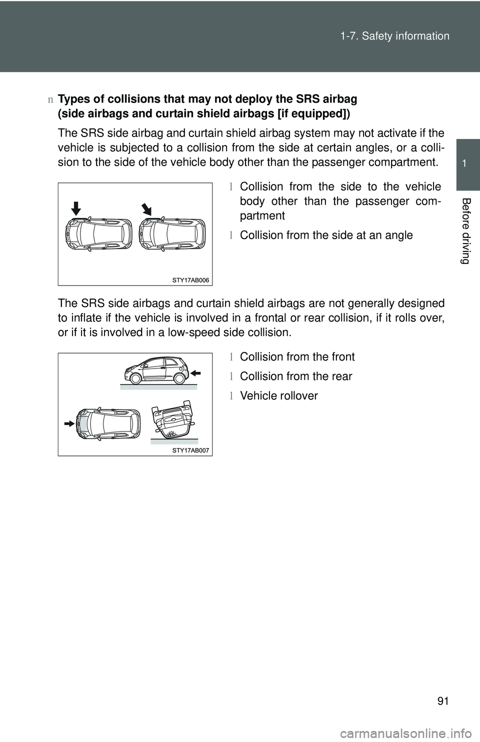 TOYOTA YARIS HATCHBACK 2011  Owners Manual 91
1-7. Safety information
1
Before driving
n
Types of collisions that may  not deploy the SRS airbag 
(side airbags and curtain shield airbags [if equipped])
The SRS side airbag and curtain shield ai