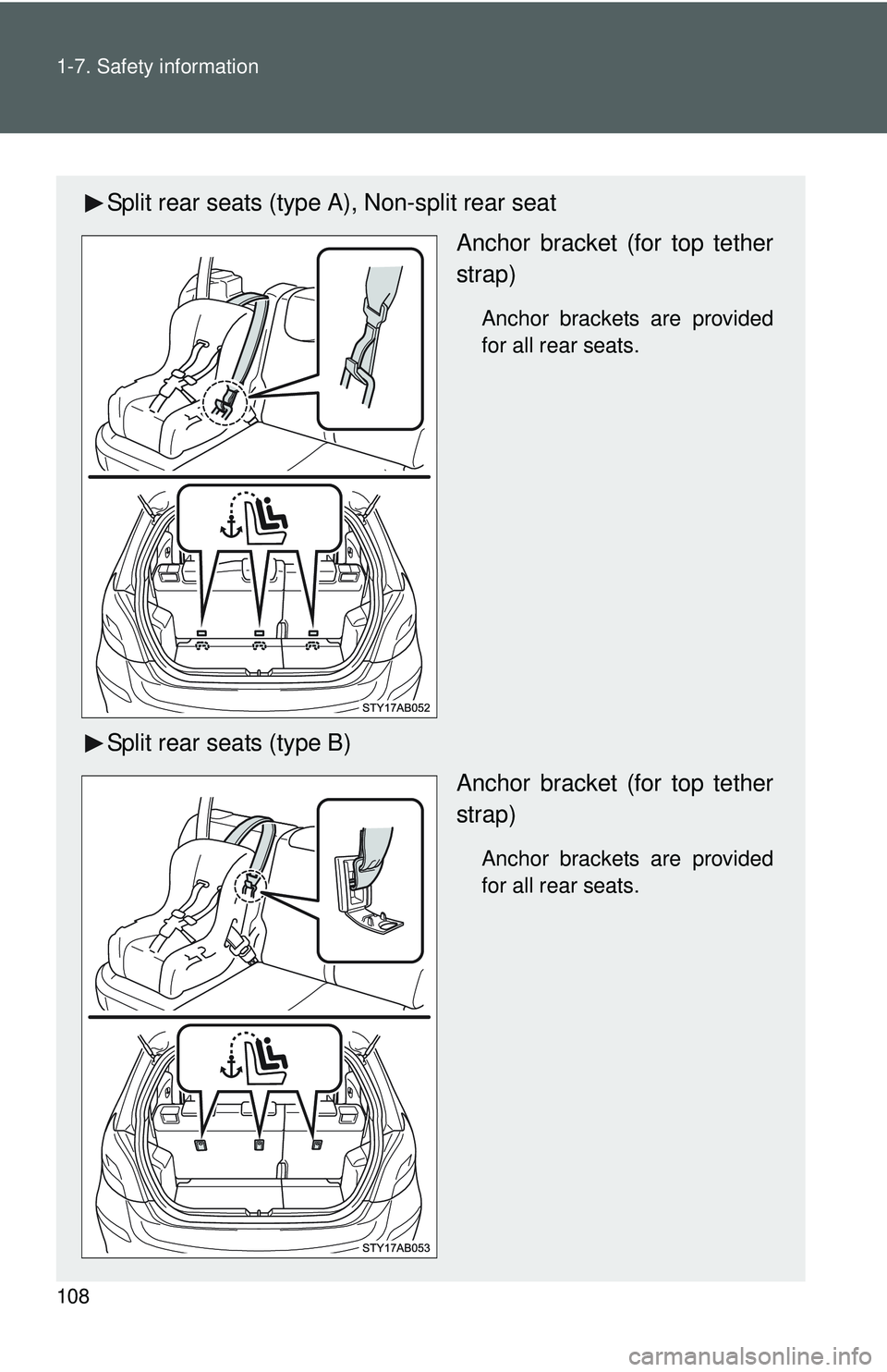 TOYOTA YARIS HATCHBACK 2011  Owners Manual 108 1-7. Safety information
Split rear seats (type A), Non-split rear seatAnchor bracket (for top tether
strap)
Anchor brackets are provided
for all rear seats.
Split rear seats (type B)Anchor bracket