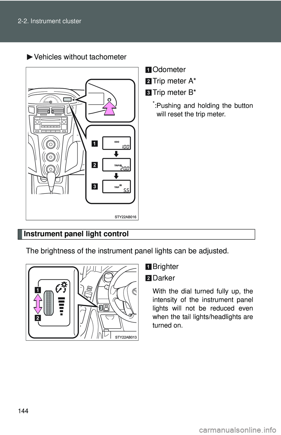 TOYOTA YARIS HATCHBACK 2011  Owners Manual 144 2-2. Instrument cluster
Vehicles without tachometerOdometer
Trip meter A*
Trip meter B*
*:Pushing and holding the buttonwill reset the trip meter.
Instrument panel light control
The brightness of 