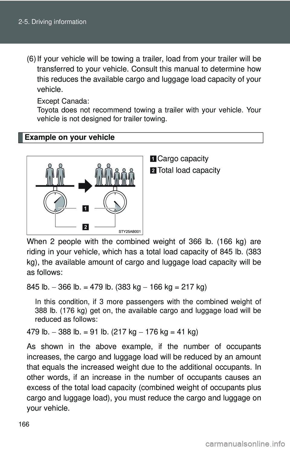 TOYOTA YARIS HATCHBACK 2011 Owners Manual 166 2-5. Driving information
(6) If your vehicle will be towing a trailer, load from your trailer will be
transferred to your vehicle. Consult this manual to determine how
this reduces the available c TOYOTA YARIS HATCHBACK 2011 Owners Manual 166 2-5. Driving information
(6) If your vehicle will be towing a trailer, load from your trailer will be
transferred to your vehicle. Consult this manual to determine how
this reduces the available c
