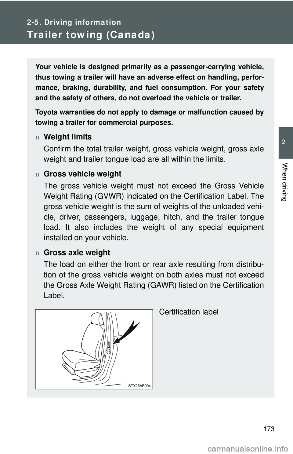 TOYOTA YARIS HATCHBACK 2011 Owners Manual 173
2-5. Driving information
2
When driving
Trailer towing (Canada)
Your vehicle is designed primarily as a passenger-carrying vehicle,
thus towing a trailer will have an ad verse effect on handling, TOYOTA YARIS HATCHBACK 2011 Owners Manual 173
2-5. Driving information
2
When driving
Trailer towing (Canada)
Your vehicle is designed primarily as a passenger-carrying vehicle,
thus towing a trailer will have an ad verse effect on handling,