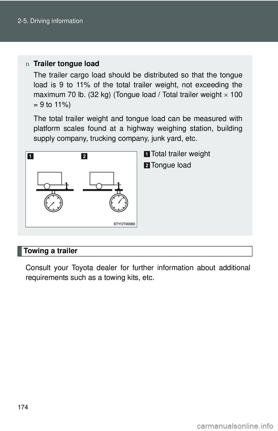 TOYOTA YARIS HATCHBACK 2011 Owners Manual 174 2-5. Driving information
Towing a trailerConsult your Toyota dealer for further information about additional
requirements such as a towing kits, etc.
n Trailer tongue load
The trailer cargo load s TOYOTA YARIS HATCHBACK 2011 Owners Manual 174 2-5. Driving information
Towing a trailerConsult your Toyota dealer for further information about additional
requirements such as a towing kits, etc.
n Trailer tongue load
The trailer cargo load s