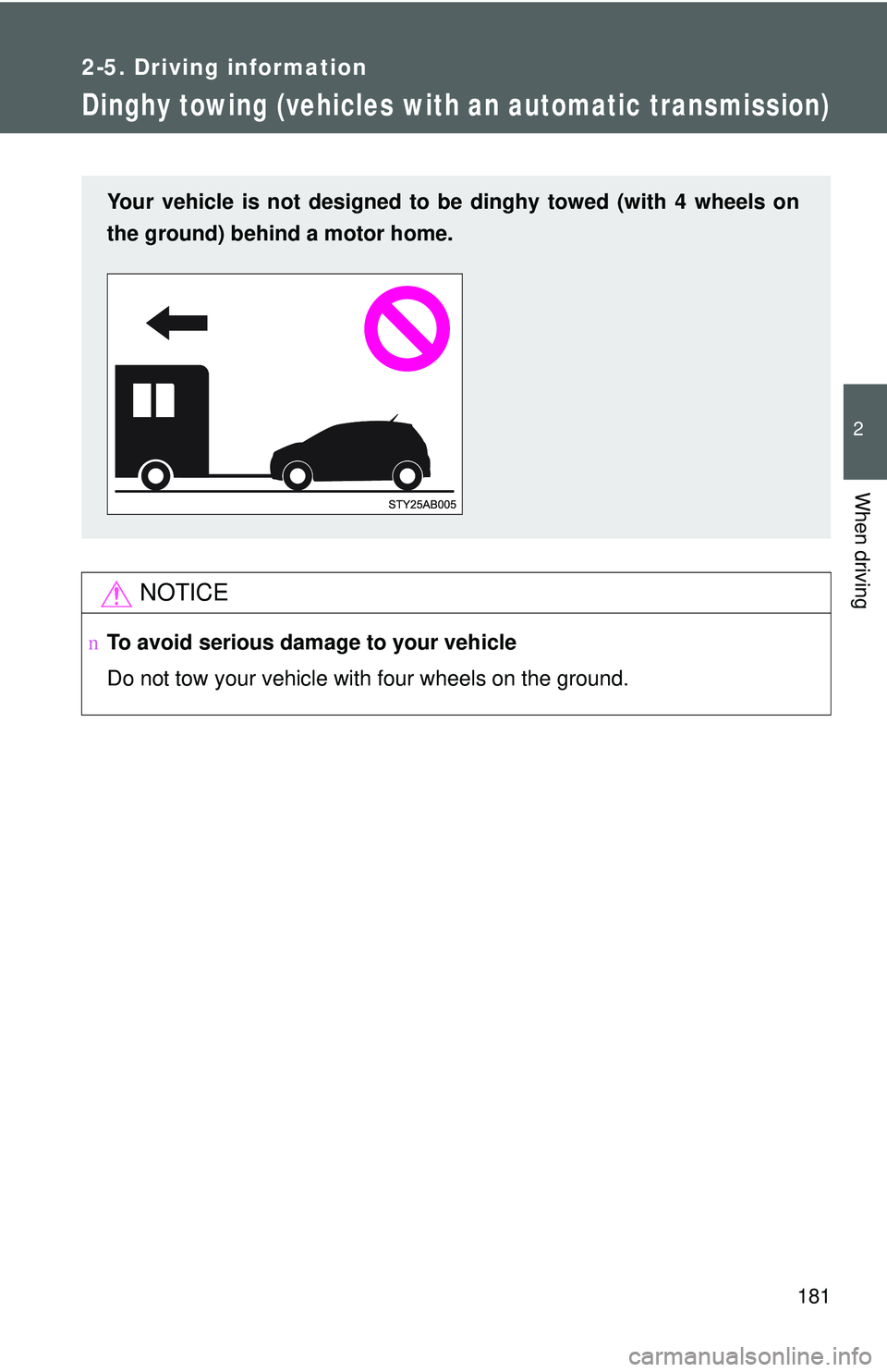 TOYOTA YARIS HATCHBACK 2011  Owners Manual 181
2-5. Driving information
2
When driving
Dinghy towing (vehicles with an automatic transmission)
NOTICE
nTo avoid serious damage to your vehicle
Do not tow your vehicle with four wheels on the grou