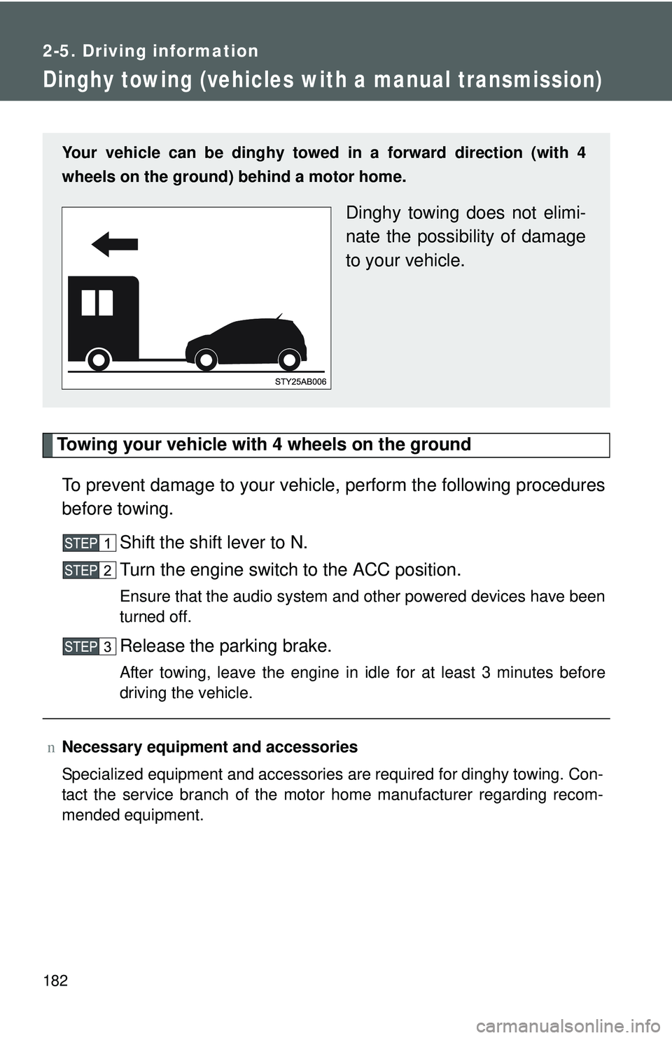 TOYOTA YARIS HATCHBACK 2011  Owners Manual 182
2-5. Driving information
Dinghy towing (vehicles with a manual transmission)
Towing your vehicle with 4 wheels on the groundTo prevent damage to your vehicle, perform the following procedures
befo