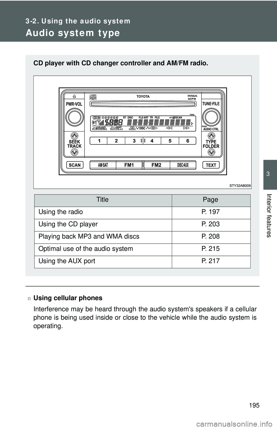 TOYOTA YARIS HATCHBACK 2011  Owners Manual 195
3
Interior features
3-2. Using the audio system
Audio system type
nUsing cellular phones
Interference may be heard through the audio systems speakers if a cellular
phone is being used inside or c