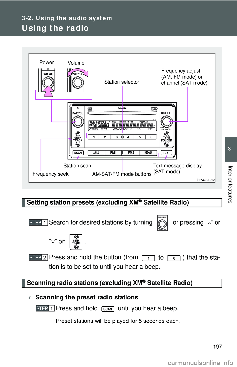 TOYOTA YARIS HATCHBACK 2011 Owners Manual 197
3-2. Using the audio system
3
Interior features
Using the radio
Setting station presets (excluding XM® Satellite Radio)
Search for desired stations by turning or pressing “
∧” or
“ ∨ TOYOTA YARIS HATCHBACK 2011 Owners Manual 197
3-2. Using the audio system
3
Interior features
Using the radio
Setting station presets (excluding XM® Satellite Radio)
Search for desired stations by turning or pressing “
∧” or
“ ∨