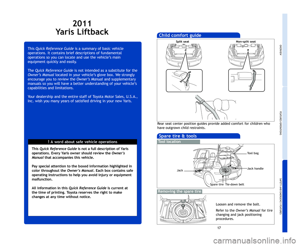 TOYOTA YARIS HATCHBACK 2011 Owners Manual OVE
\fE\bT
S\b\fE
EME
IND
*Vis
2011
Yaris Liftback
!\bword about safevehicle operations
\bhis
Qu\f\bk Referen\be Gu\fdeis\fsumm\fry ofb\fsic vehicle
oper\ftions. Itcont\fins briefdescriptions offund\f