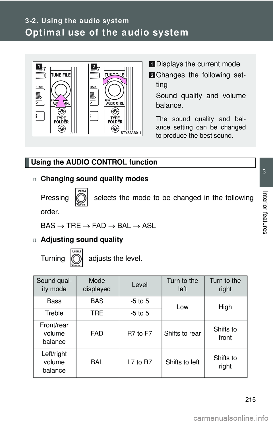 TOYOTA YARIS HATCHBACK 2011 User Guide 215
3-2. Using the audio system
3
Interior features
Optimal use of the audio system
Using the AUDIO CONTROL functionn Changing sound quality modes
Pressing selects the mode to be changed in the foll TOYOTA YARIS HATCHBACK 2011 User Guide 215
3-2. Using the audio system
3
Interior features
Optimal use of the audio system
Using the AUDIO CONTROL functionn Changing sound quality modes
Pressing selects the mode to be changed in the foll