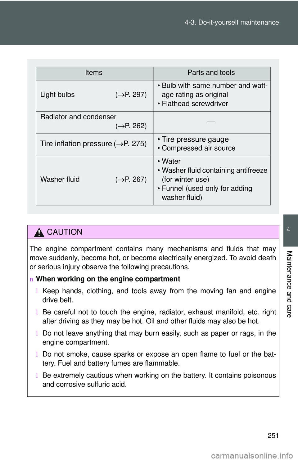 TOYOTA YARIS HATCHBACK 2011 Owners Manual 251
4-3. Do-it-yourself maintenance
4
Maintenance and care
CAUTION
The engine compartment contains many mechanisms and fluids that may
move suddenly, become hot, or become electrically energized. To a TOYOTA YARIS HATCHBACK 2011 Owners Manual 251
4-3. Do-it-yourself maintenance
4
Maintenance and care
CAUTION
The engine compartment contains many mechanisms and fluids that may
move suddenly, become hot, or become electrically energized. To a