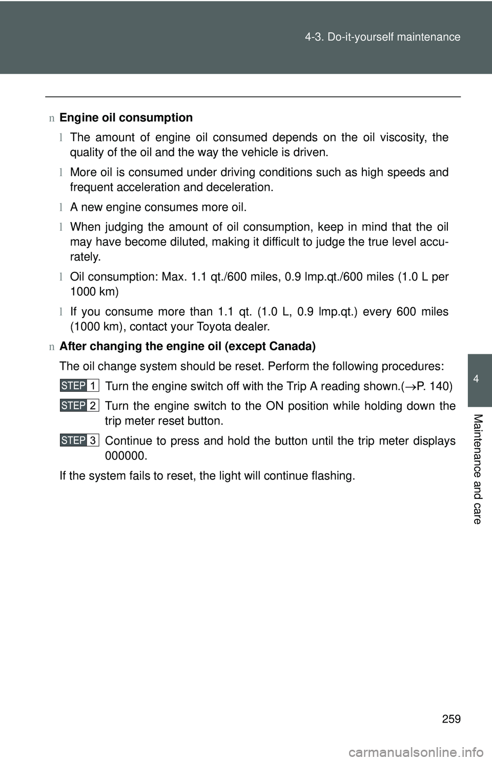 TOYOTA YARIS HATCHBACK 2011 User Guide 259
4-3. Do-it-yourself maintenance
4
Maintenance and care
n
Engine oil consumption
lThe amount of engine oil consumed depends on the oil viscosity, the
quality of the oil and the way the vehicle is d TOYOTA YARIS HATCHBACK 2011 User Guide 259
4-3. Do-it-yourself maintenance
4
Maintenance and care
n
Engine oil consumption
lThe amount of engine oil consumed depends on the oil viscosity, the
quality of the oil and the way the vehicle is d
