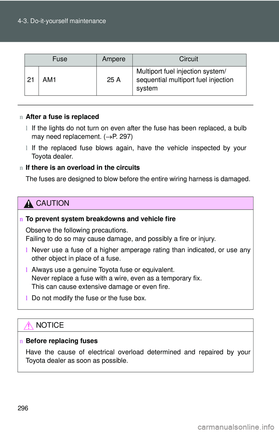TOYOTA YARIS HATCHBACK 2011  Owners Manual 296 4-3. Do-it-yourself maintenance
21 AM125 AMultiport fuel injection system/
sequential multiport fuel injection 
system
n After a fuse is replaced
lIf the lights do not turn on even after the fuse 