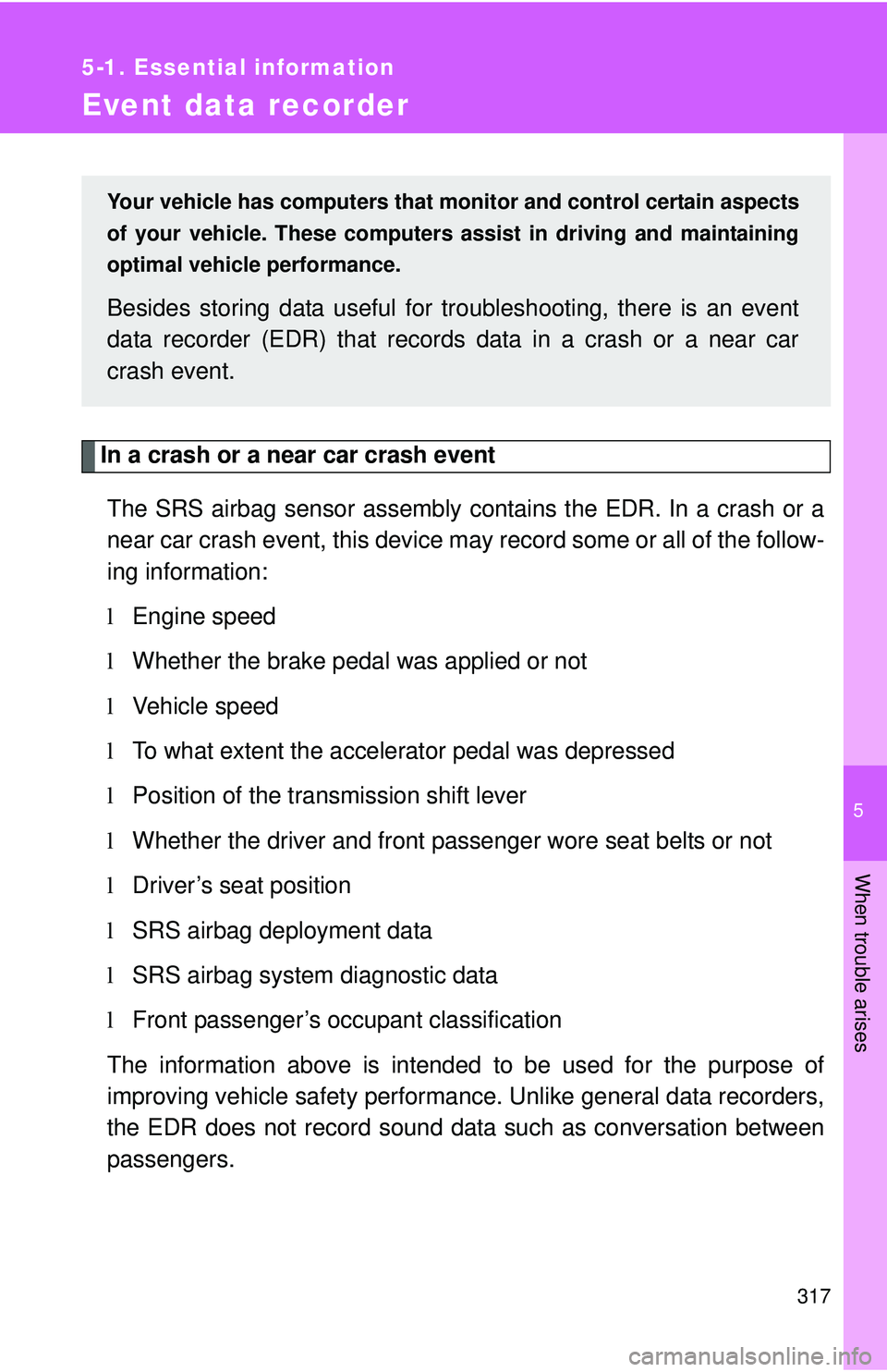 TOYOTA YARIS HATCHBACK 2011 Owners Manual 5
When trouble arises
317
5-1. Essential information
Event data recorder
In a crash or a near car crash eventThe SRS airbag sensor assembly contains the EDR. In a crash or a
near car crash event, this TOYOTA YARIS HATCHBACK 2011 Owners Manual 5
When trouble arises
317
5-1. Essential information
Event data recorder
In a crash or a near car crash eventThe SRS airbag sensor assembly contains the EDR. In a crash or a
near car crash event, this