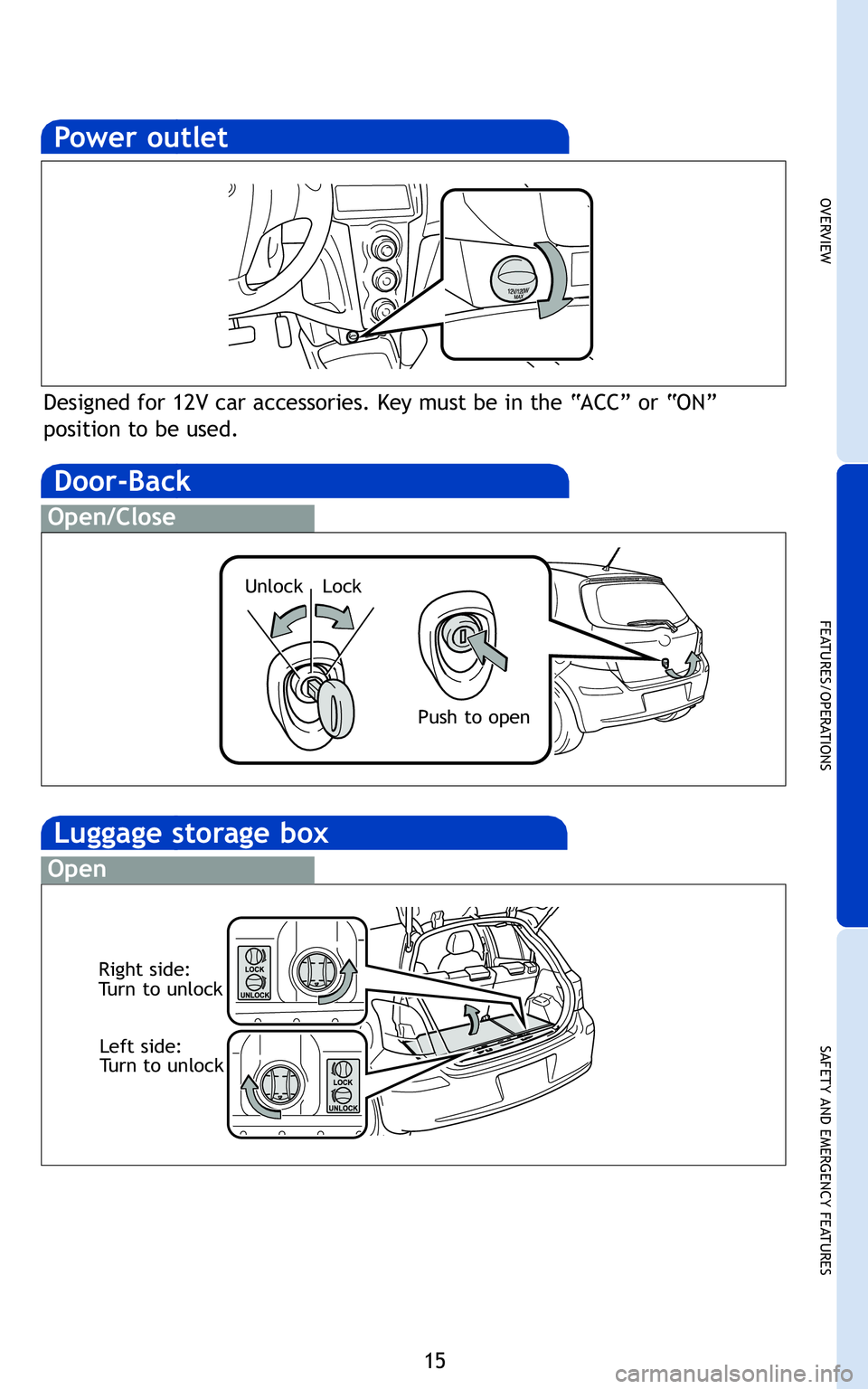 TOYOTA YARIS HATCHBACK 2011 Owners Guide 15
OVERVIEW
FEATURES/OPERATIONS
SAFETY AND EMERGENCY FEATURES
Push
up
r
ust
nce
e
h
Right side:
Turn to unlock
Left side:
Turn to unlock
Designed for 1\fV car accessories\b Key must be in the “ACC
