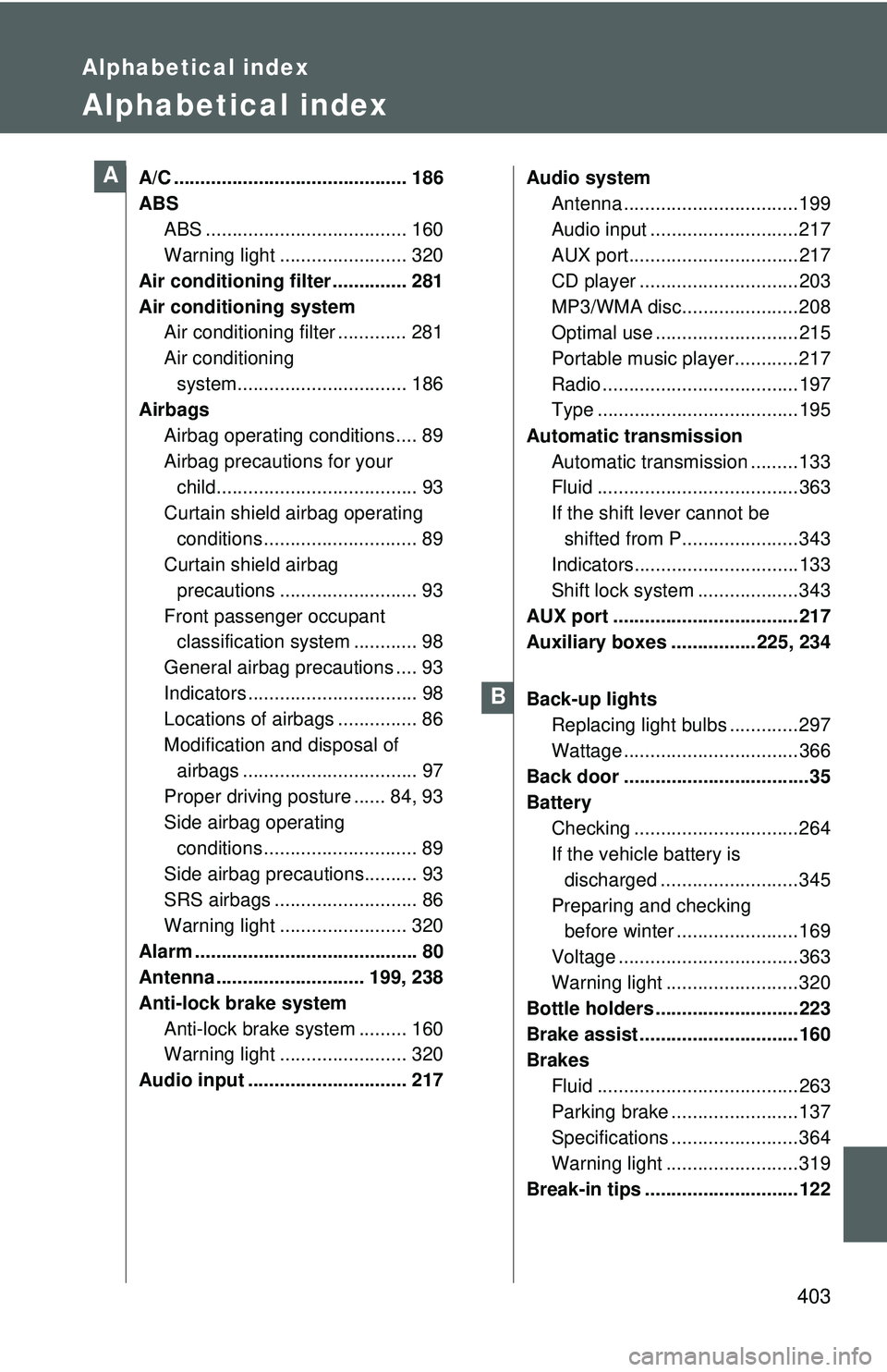 TOYOTA YARIS HATCHBACK 2011  Owners Manual 403
Alphabetical index
Alphabetical index
A/C ............................................ 186
ABSABS ...................................... 160
Warning light ........................ 320
Air conditio