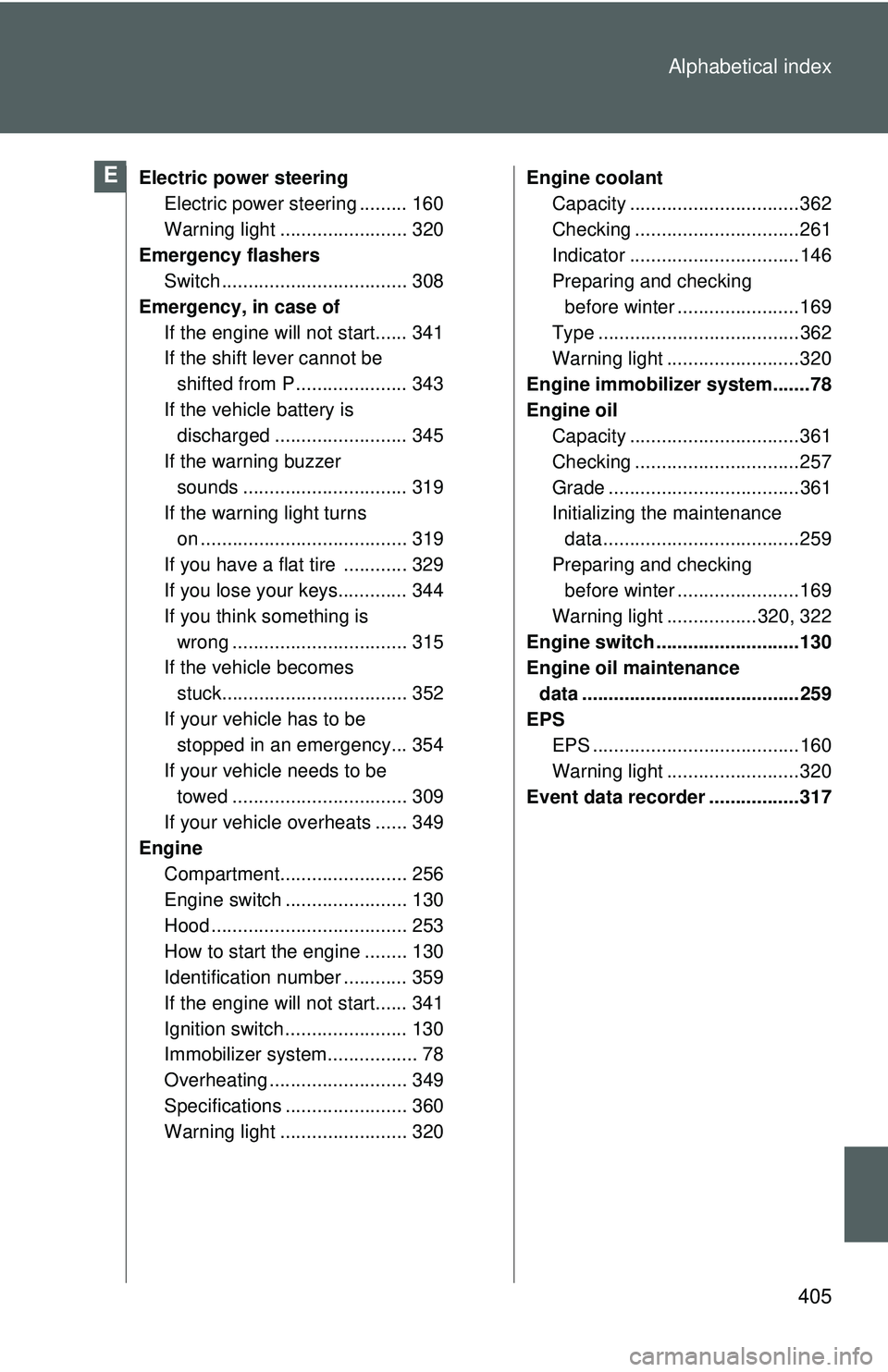 TOYOTA YARIS HATCHBACK 2011  Owners Manual 405
Alphabetical index
Electric power steering
Electric power steering ......... 160
Warning light ........................ 320
Emergency flashers Switch ................................... 308
Emerge
