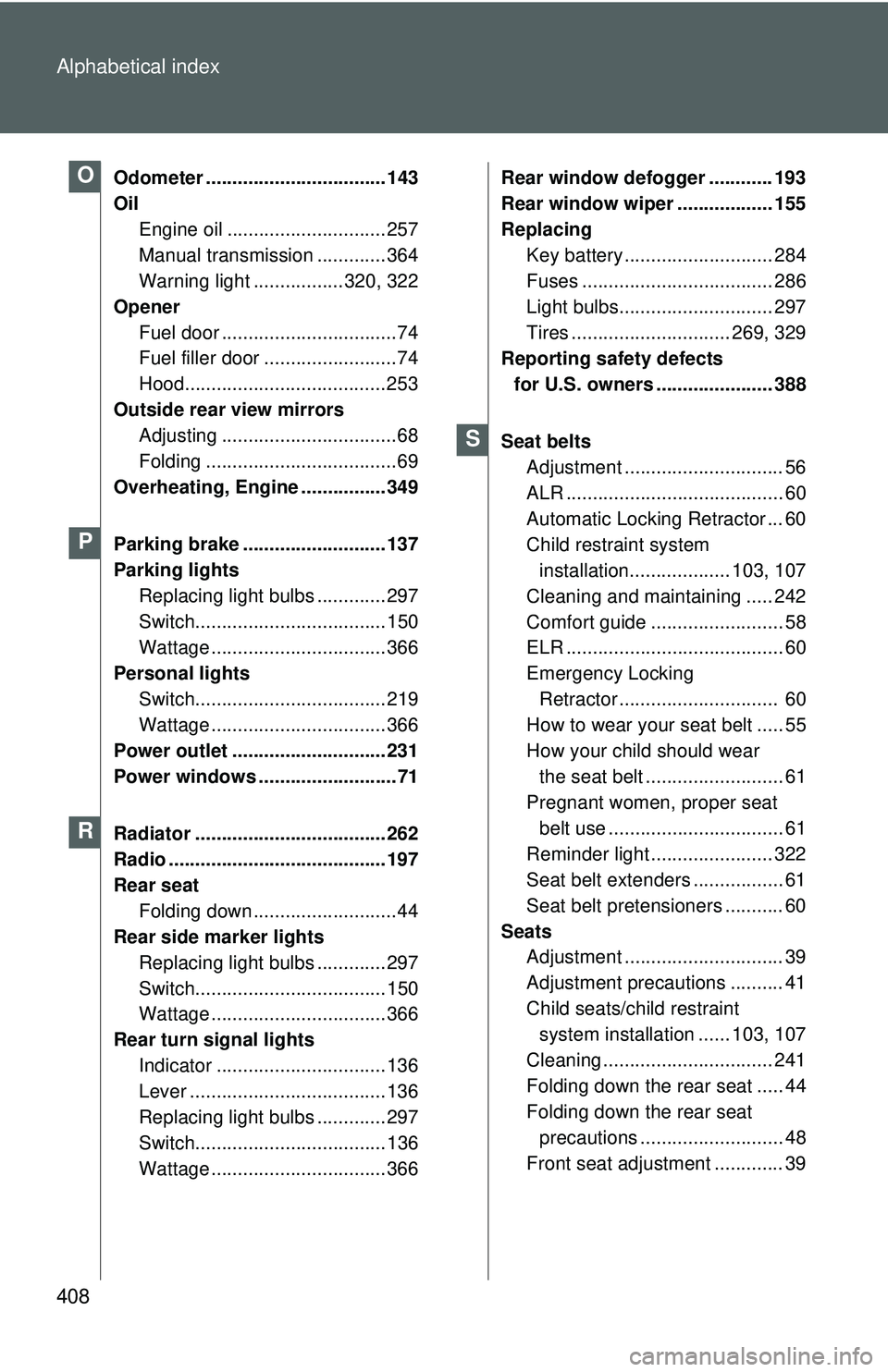 TOYOTA YARIS HATCHBACK 2011 Owners Manual 408 Alphabetical index
Odometer .................................. 143
OilEngine oil .............................. 257
Manual transmission ............. 364
Warning light ................. 320, 322
O TOYOTA YARIS HATCHBACK 2011 Owners Manual 408 Alphabetical index
Odometer .................................. 143
OilEngine oil .............................. 257
Manual transmission ............. 364
Warning light ................. 320, 322
O