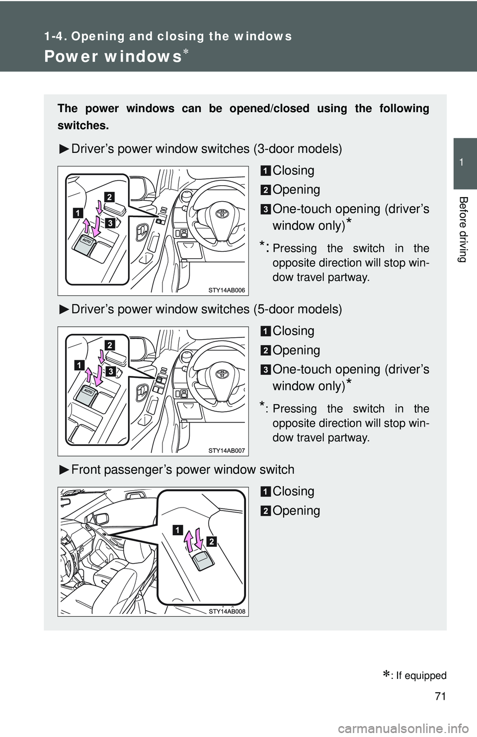 TOYOTA YARIS HATCHBACK 2011 Manual Online 71
1
Before driving
1-4. Opening and closing the windows
Power windows∗
∗: If equipped
The power windows can be opened/closed using the following
switches.
Driver’s power window switches (3-door